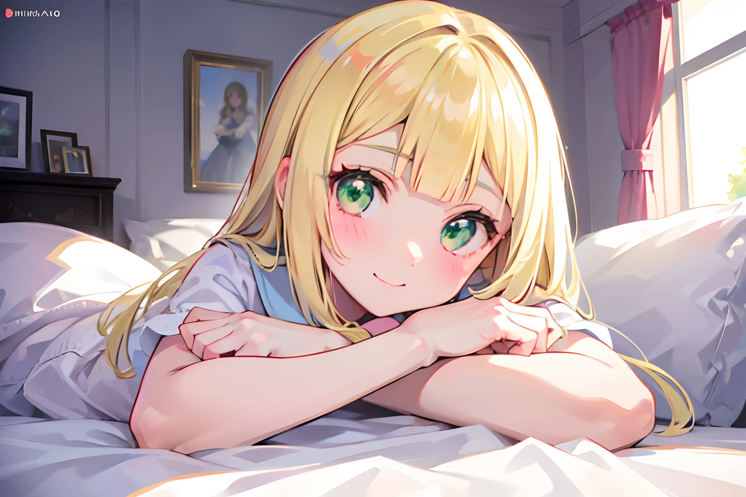 Lying in bed,inside in room,Green eyes,Viewer's Perspective,,Close-up of the face,One Girl,a blond,lillie \(
pokemon\),Ganbari Lilie,pokemon,White dress,verd s eyes,Smile with closed mouth,Top image quality,Masterpiece,Best Quality,hands on own face,hands on own cheeks, blank eye, blush, huge smile, Yanderes Mile