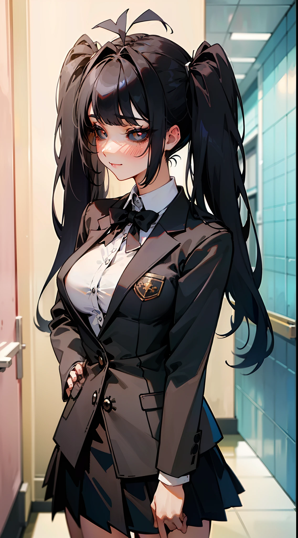 Original Character,8k, Masterpiece, Best Quality,Detailed, Beautiful Detailed Eyes, solo),fine skin,1girl, medium breasts, twintails,black blazer,black skirt,solo,long hair,(((hair 2antenna))),black eyes,black hair,black sclera,cute,(standing in a school hallway),happy,blush,cowboy shot,