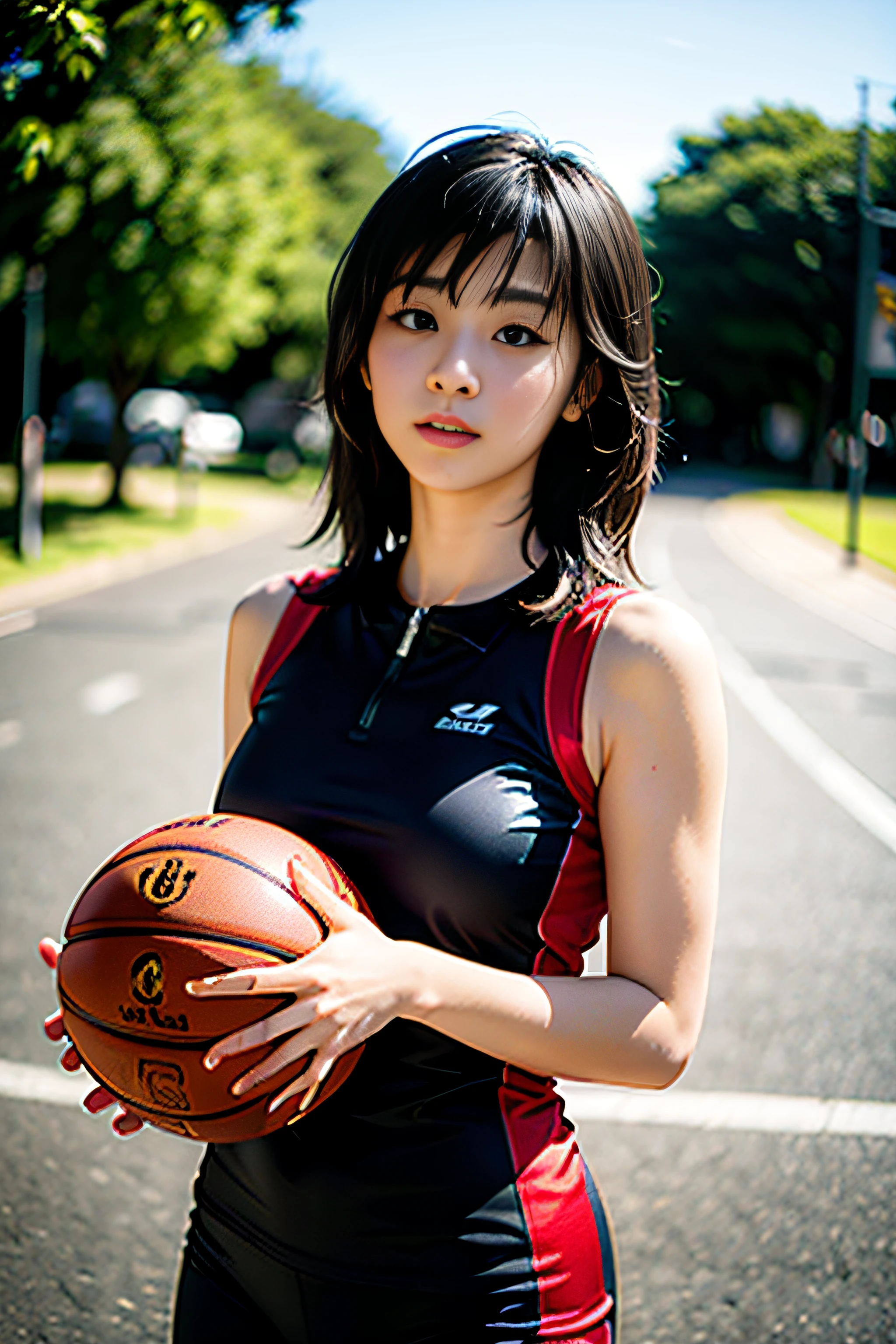 (8K, Best quality, masutepiece: 1.2), (Realistic, Realistic: 1.37), ultra - detailed, Best quality, 超高分辨率, Professional lighting, photon maping, Radio City, physically-based renderingt, Cinematic lighting, basketball playground, depth of fields, Sharpness focus, Sunlight, well-composed, (Bokeh: 1.2) 1girl in, Solo, (full bodyesbian), (Closed mouth), Beautiful and detailed eyes, Pose, Narrow waist, basketball suit, Black hair, hair messy, Long hair blowing in the wind, (Ulzzang-6500:1.2) mix4, hiqcgbody