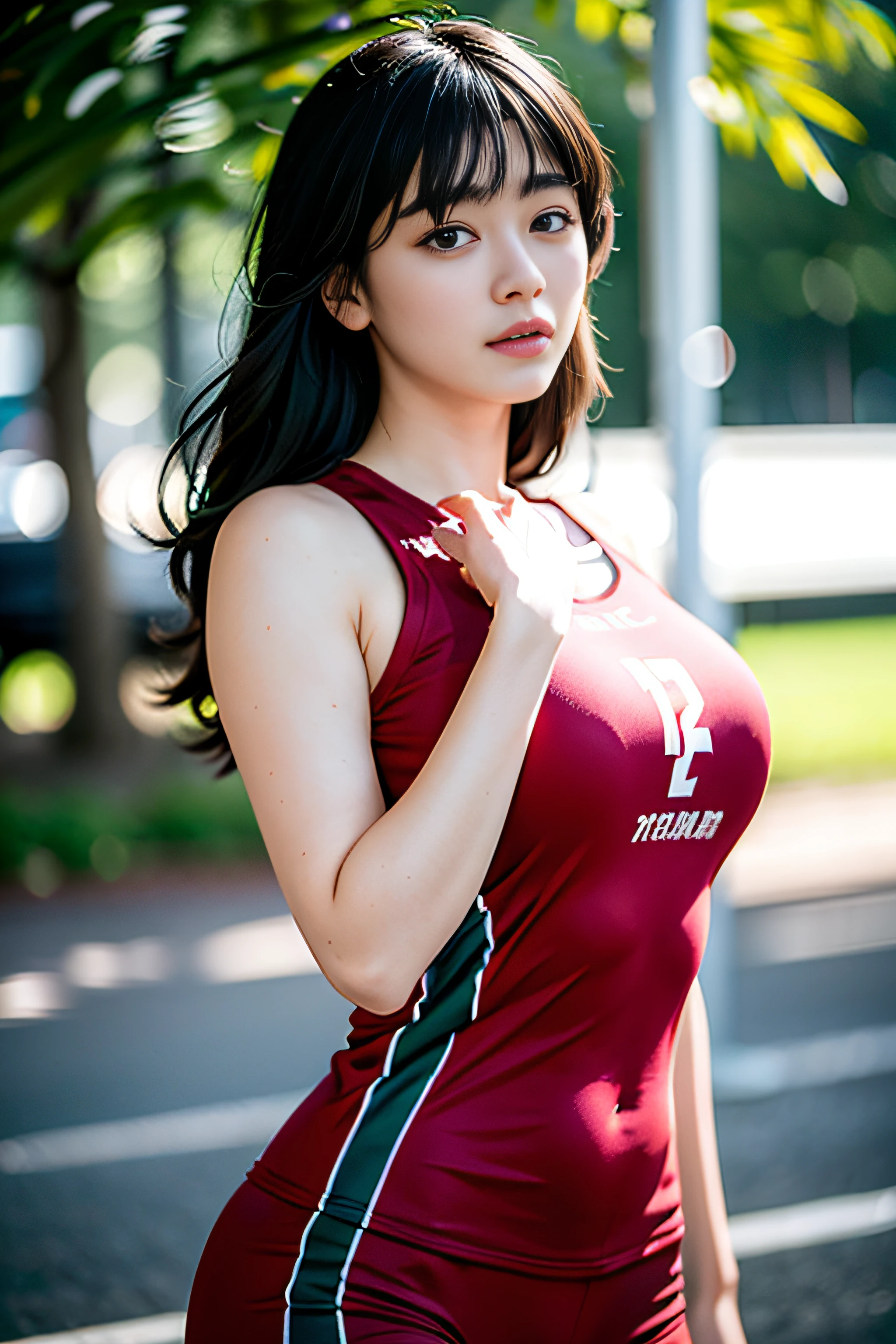 (8K, Best quality, masutepiece: 1.2), (Realistic, Realistic: 1.37), ultra - detailed, Best quality, 超高分辨率, Professional lighting, photon maping, Radio City, physically-based renderingt, Cinematic lighting, basketball playground, depth of fields, Sharpness focus, Sunlight, well-composed, (Bokeh: 1.2) 1girl in, Solo, (full bodyesbian), (Closed mouth), Beautiful and detailed eyes, Pose, Narrow waist, basketball suit, Black hair, hair messy, Long hair blowing in the wind, (Ulzzang-6500:1.2) mix4, hiqcgbody
