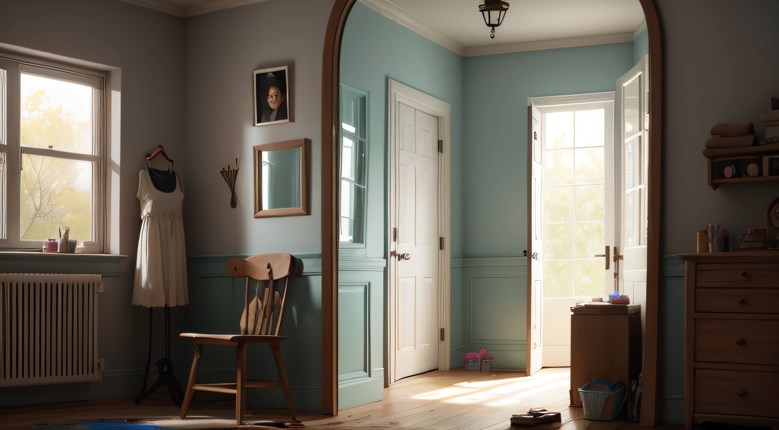 girl room with various painting tools, with one ancient mirror, with portal