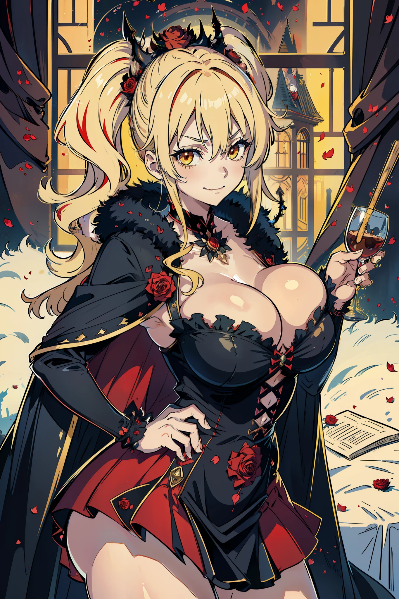 (masterpiece, high quality, detailed), 1girl, vampire girl, big poofy sandy-blonde hair, bright yellow eyes, hair drills, smug grin, (wearing slutty red dress), black fur trim, huge beasts, cleavage, skindentation, provocative, flowing cape, haunted castle interior, scattered rose petals, spooky, horror, portrait