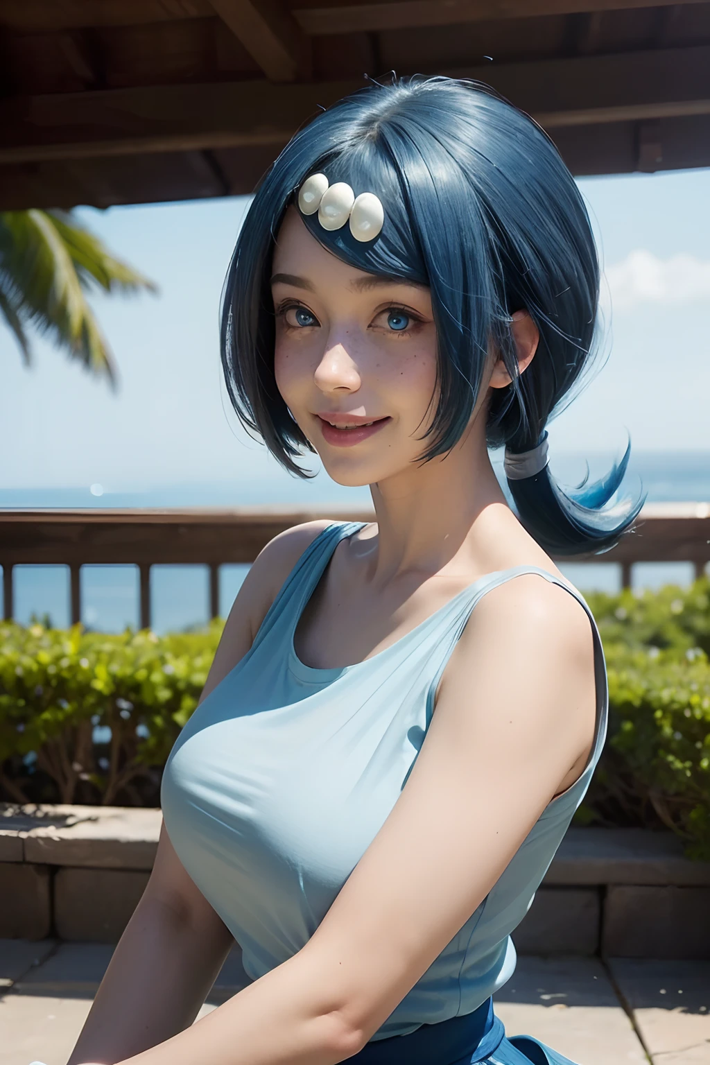 (best quality), (masterpiece), detailed, depth of field, perfect lighting, 1girl, mature female, blue eyes, blue hair, low ponytail, hair ornament, (best quality), (masterpiece), detailed, depth of field, short sleeves, white shirt, blue skirt, upper body, freckles, medium breasts, smile