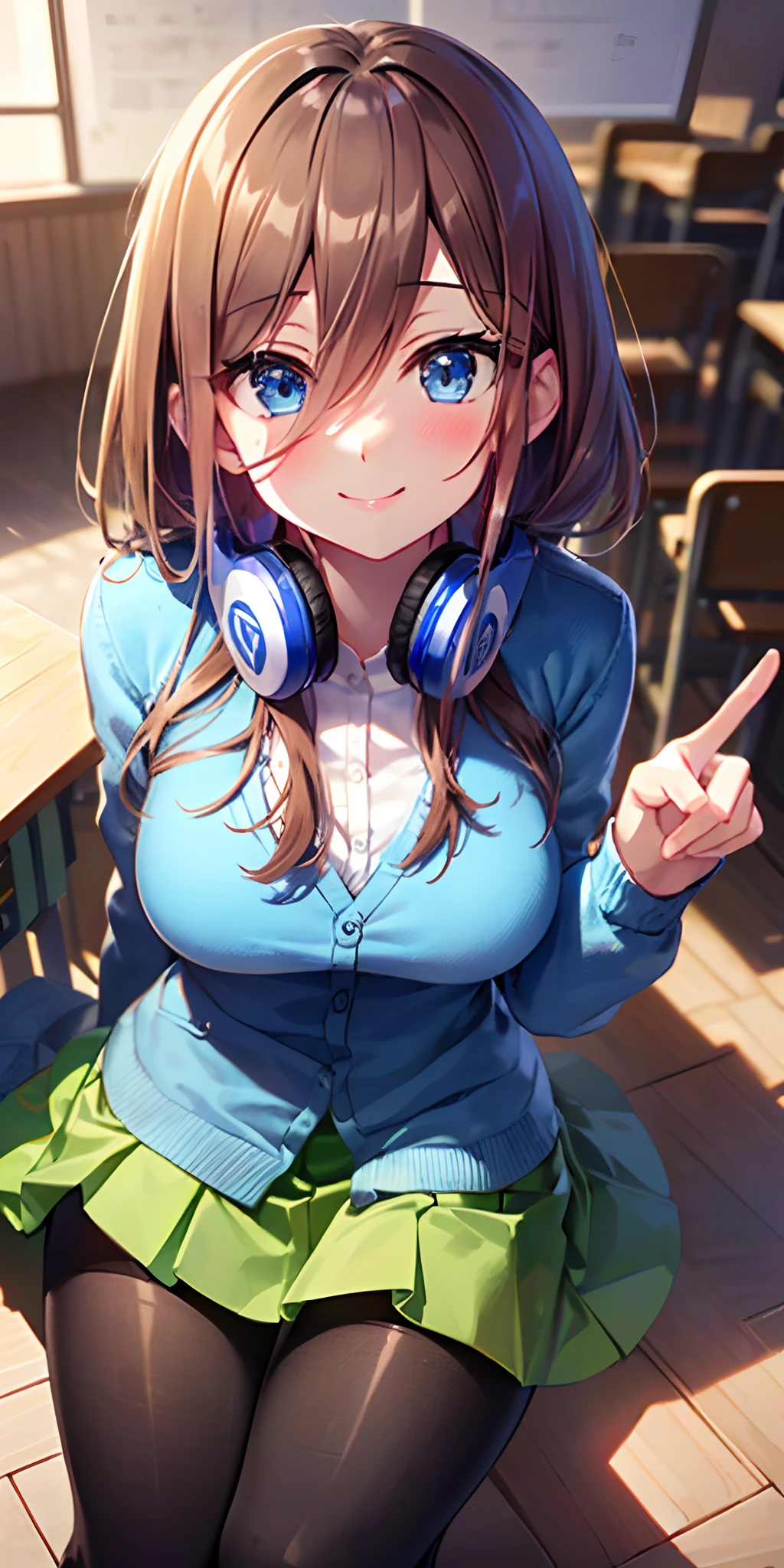 masutepiece, Best Quality, (Very detailed CG Unity 8K wallpaper) (Best Quality), (Best Illustration), (Best Shadows), Miku Nakano, Brown hair, Blue eyes, classroom, Beautiful detailed eyes, looking at viewer,((Blue Cardigan)),((Short green pleated skirt)),((Black pantyhose)),smile,head tilt,finger to mouth,from above,