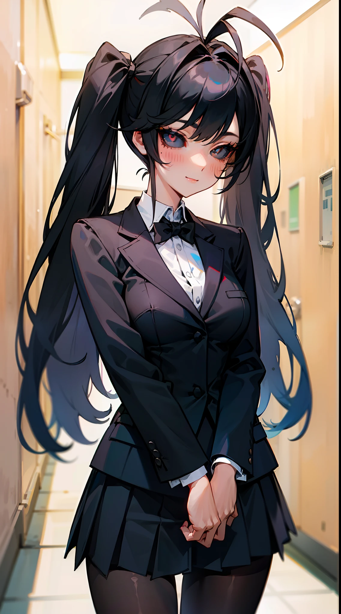 Original Character,8k, Masterpiece, Best Quality,Detailed, Beautiful Detailed Eyes, solo),fine skin,1girl, medium breasts, twintails,black blazer,black skirt,solo,long hair,(((hair 2antenna))),black eyes,black hair,black sclera,cute,black pantyhoses,(standing in a school hallway),happy,blush,cowboy shot,
