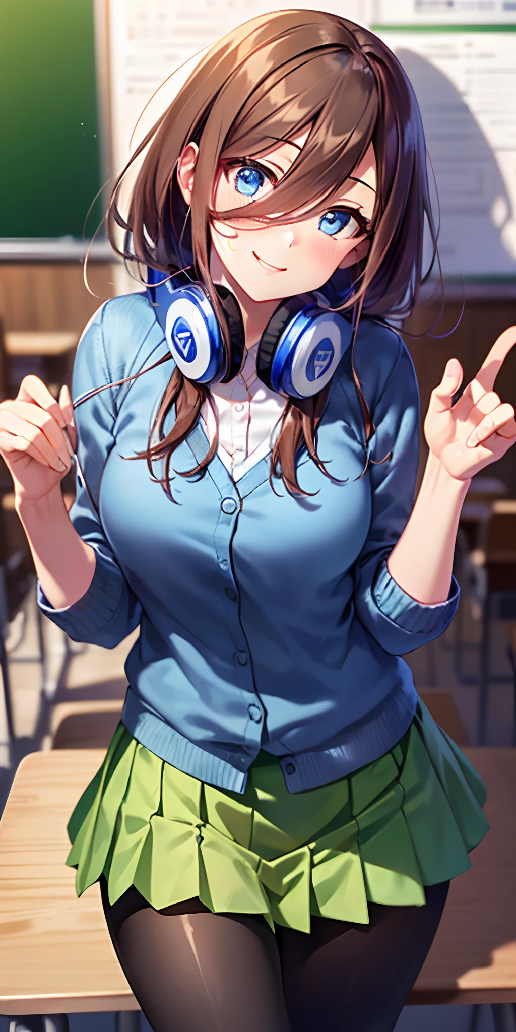 masutepiece, Best Quality, (Very detailed CG Unity 8K wallpaper) (Best Quality), (Best Illustration), (Best Shadows), Miku Nakano, Brown hair, Blue eyes, classroom, Beautiful detailed eyes, looking at viewer,((Blue Cardigan)),((Short green pleated skirt)),((Black pantyhose)),smile,head tilt,finger to mouth,from above, wink