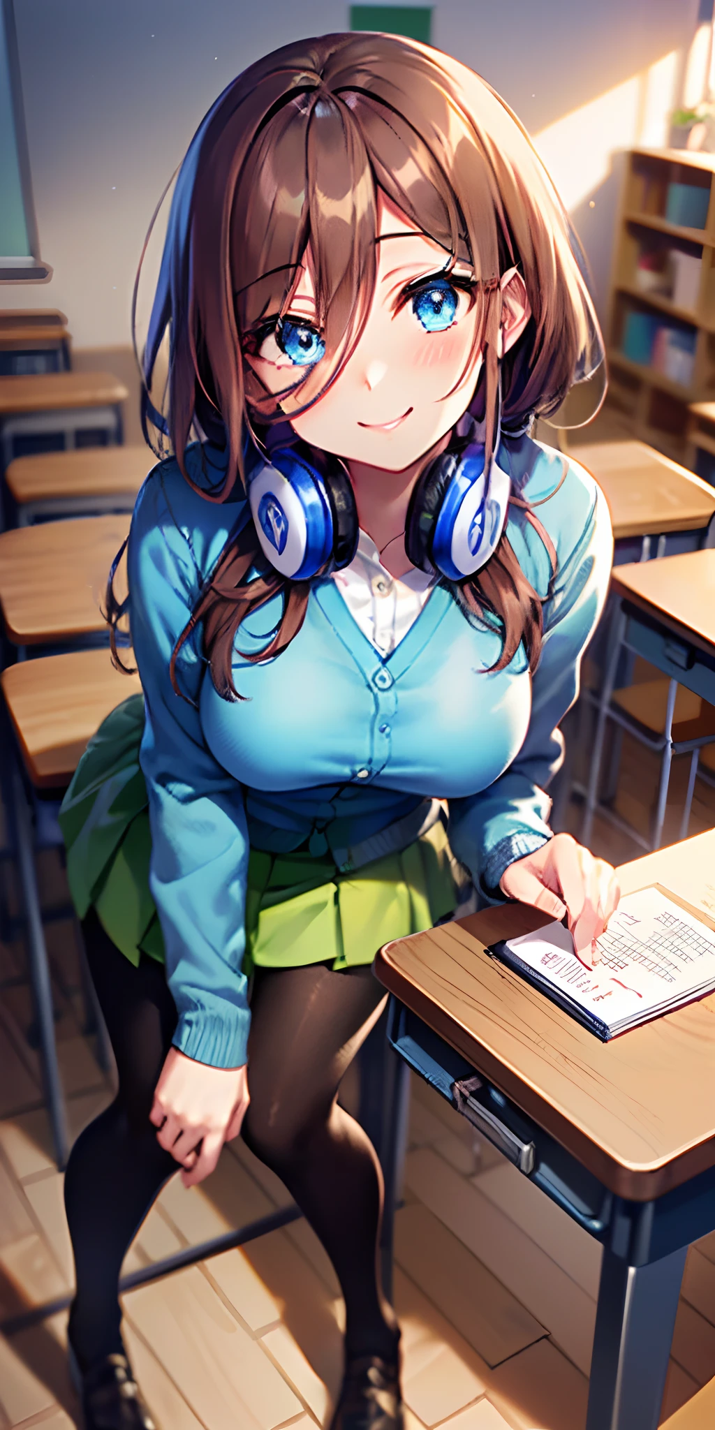 masutepiece, Best Quality, (Very detailed CG Unity 8K wallpaper) (Best Quality), (Best Illustration), (Best Shadows), Miku Nakano, Brown hair, Blue eyes, classroom, Beautiful detailed eyes, looking at viewer,((Blue Cardigan)),((Short green pleated skirt)),((Black pantyhose)),smile,head tilt,finger to mouth,from above, wink