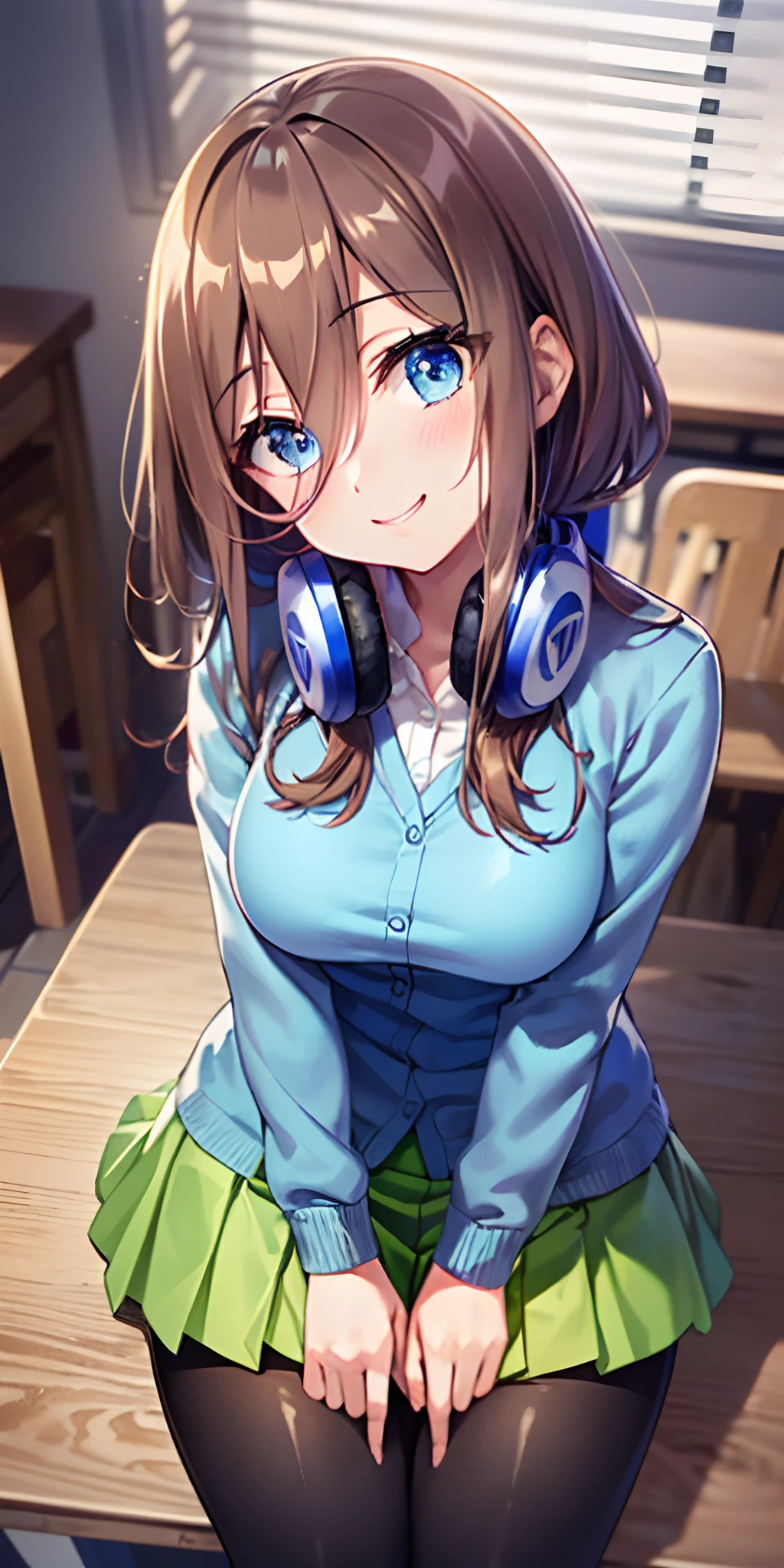 masutepiece, Best Quality, (Very detailed CG Unity 8K wallpaper) (Best Quality), (Best Illustration), (Best Shadows), Miku Nakano, Brown hair, Blue eyes, classroom, Beautiful detailed eyes, looking at viewer,((Blue Cardigan)),((Short green pleated skirt)),((Black pantyhose)),smile,head tilt,finger to mouth,from above, wink