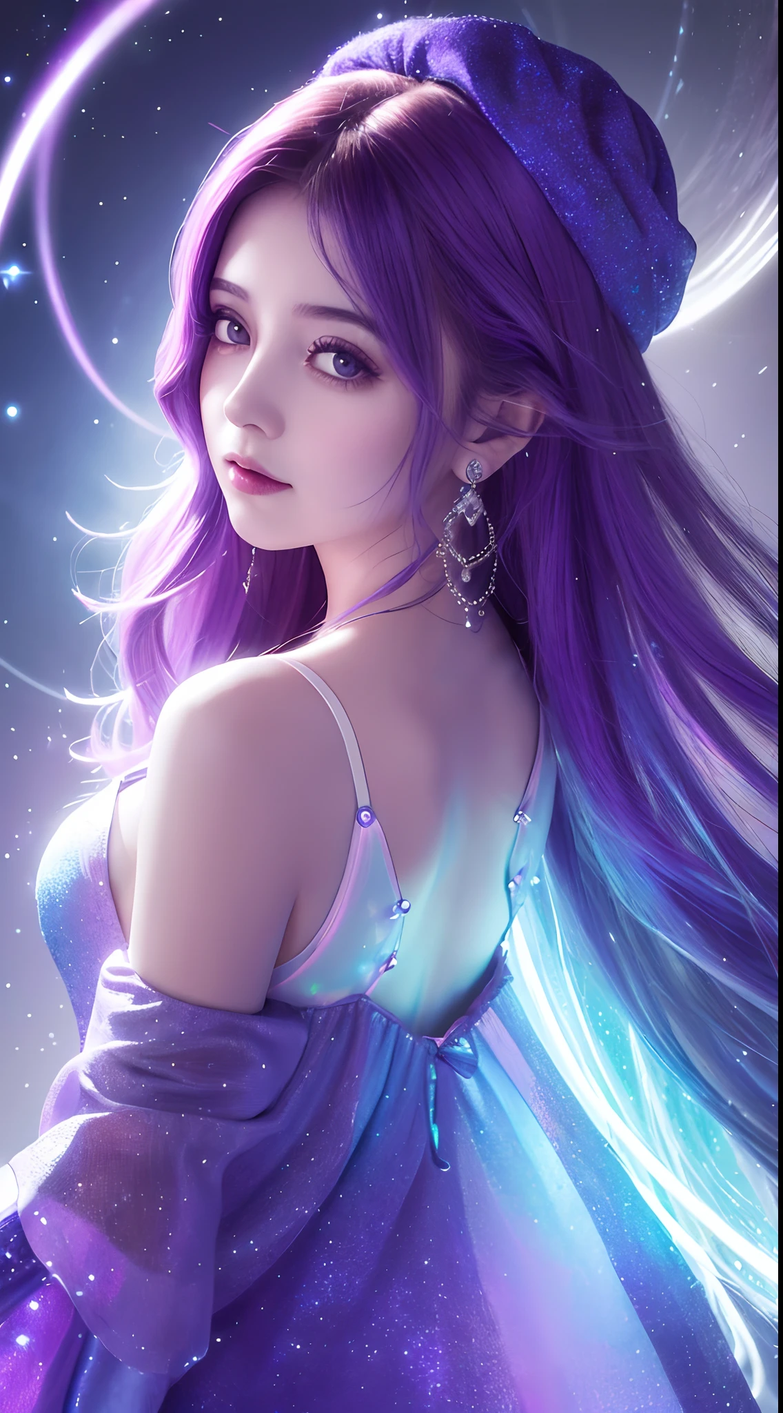 Masterpiece, Best Quality, Girls, Slender, Rainbow Color Eyes, Hair Color, Iridescent, Long Hair Spreading, White Skin, Medium, Pretty, Sexy, Halo, Near Future, Bikini, Skin Exposed, Night, Psychedelic, Trip, Extreme Color, Paisley, Highly Colored, Mandala Theme, Open Legs, Eye Shadow, False Lashes, Blushing, Mechanical Left Arm, Smile, Full Body
