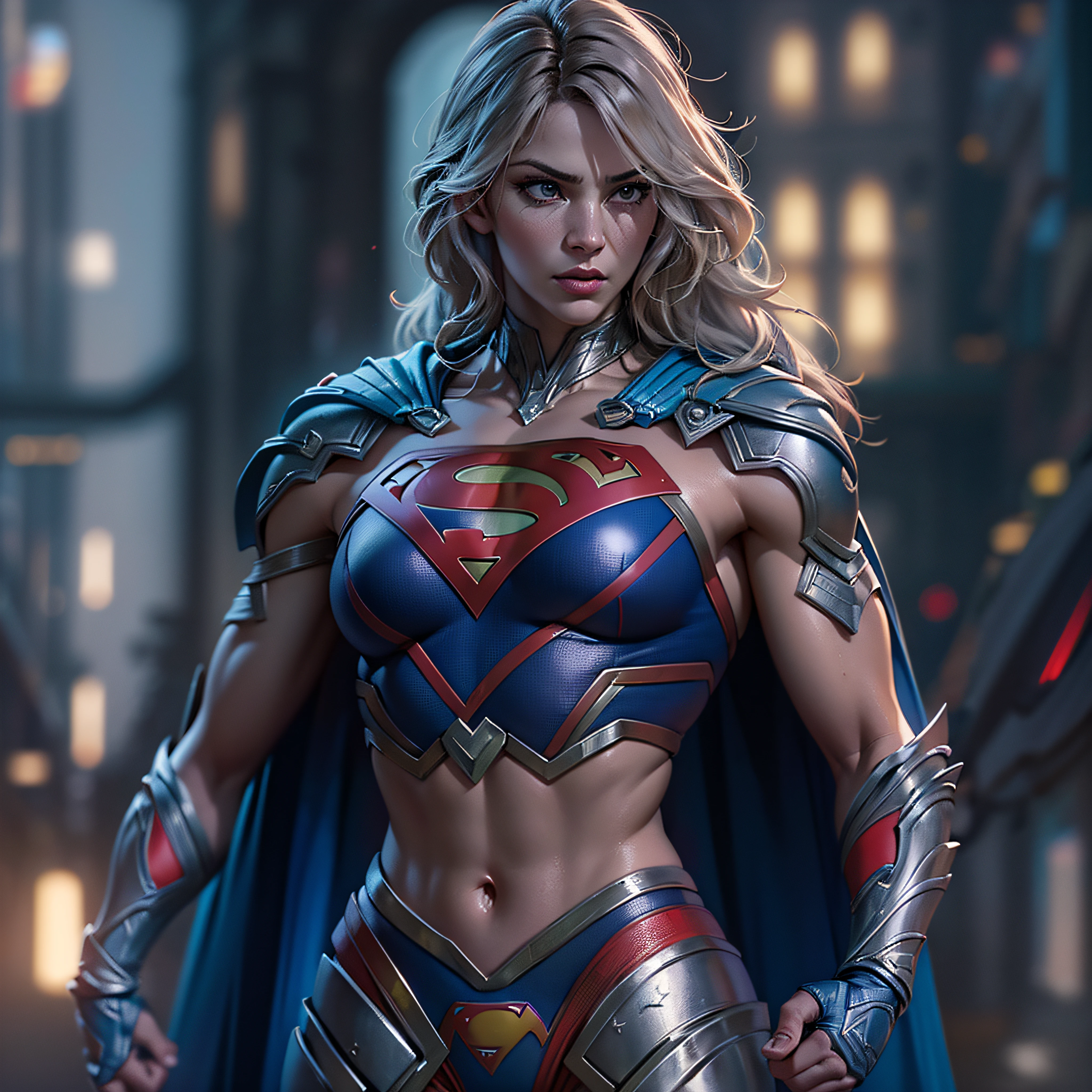 Warrior Supergirl, muscular body. battle pose. intricate, hyper-maximalist, elegant, hyper realistic, epic high details, full details, high resolution, dynamic slight blue lighting, rendering, realism, Photo-realistic, ultra realistic, octane render, unreal engine, hyper detailed, volumetric lighting, 8k reality, cinematic