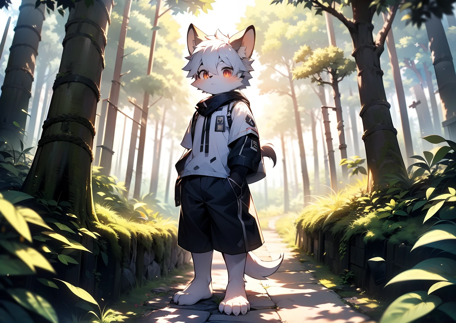 Libido boy，furry wolf，((Shota)), Black and white hair, Very good figure, Handsome，adolable, Light：Extreme light and shadow, Reflective skin,Reddish skin，((worn-out clothing，Commoner)) ，((Deep in the forest，Stone path，Signs，独奏，solo person))，Outdoor sunset，((the detail))，（depth of fields），standing on your feet