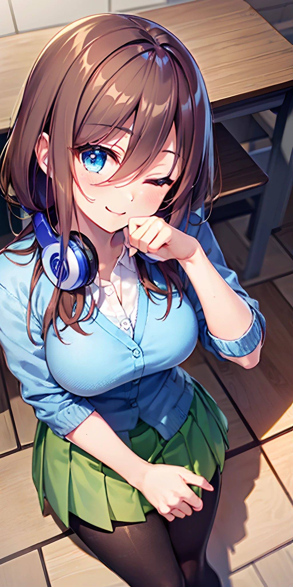 masutepiece, Best Quality, (Very detailed CG Unity 8K wallpaper) (Best Quality), (Best Illustration), (Best Shadows), Miku Nakano, Brown hair, Blue eyes, classroom, Beautiful detailed eyes, looking at viewer,((Blue Cardigan)),((Short green pleated skirt)),((Black pantyhose)), happy smile,head tilt,finger to mouth,from above, one eye closed