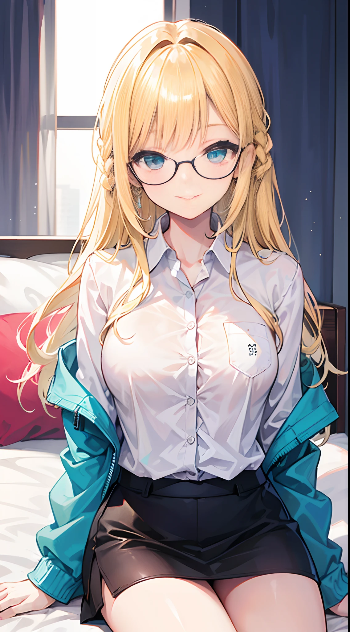 in 8K、top-quality、masterpiece、ultra-detailliert、Ultra-high resolution、Fine eye shine、((1 persons))、girl with、a blond、floated hair、makeups、a necklace、Big round lens glasses、Medium chest、Long shirt without buttons、White underwear、cleavage of the breast、(((Sit on the bed)))、embarrassed from、Kamimei