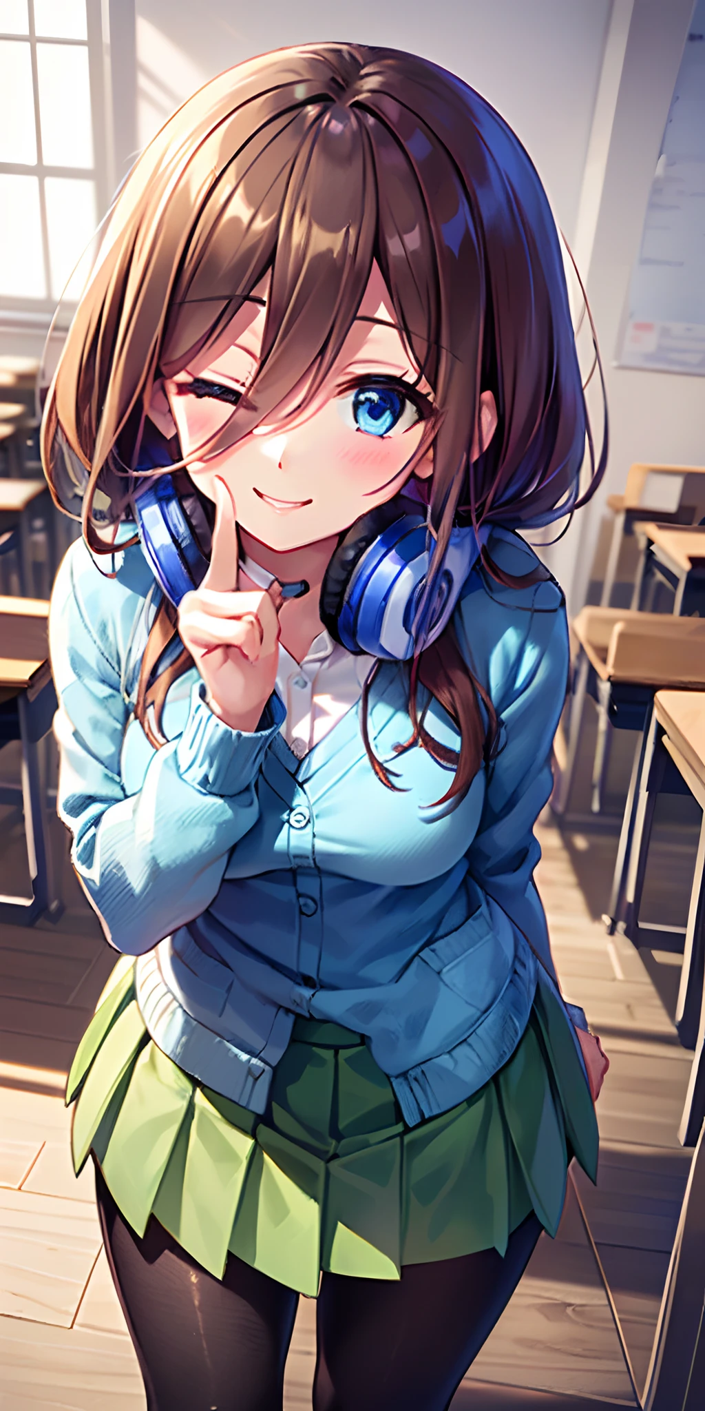 masutepiece, Best Quality, (Very detailed CG Unity 8K wallpaper) (Best Quality), (Best Illustration), (Best Shadows), Miku Nakano, Brown hair, Blue eyes, classroom, Beautiful detailed eyes, looking at viewer,((Blue Cardigan)),((Short green pleated skirt)),((Black pantyhose)), happy smile,head tilt,finger to mouth,from above, one eye closed