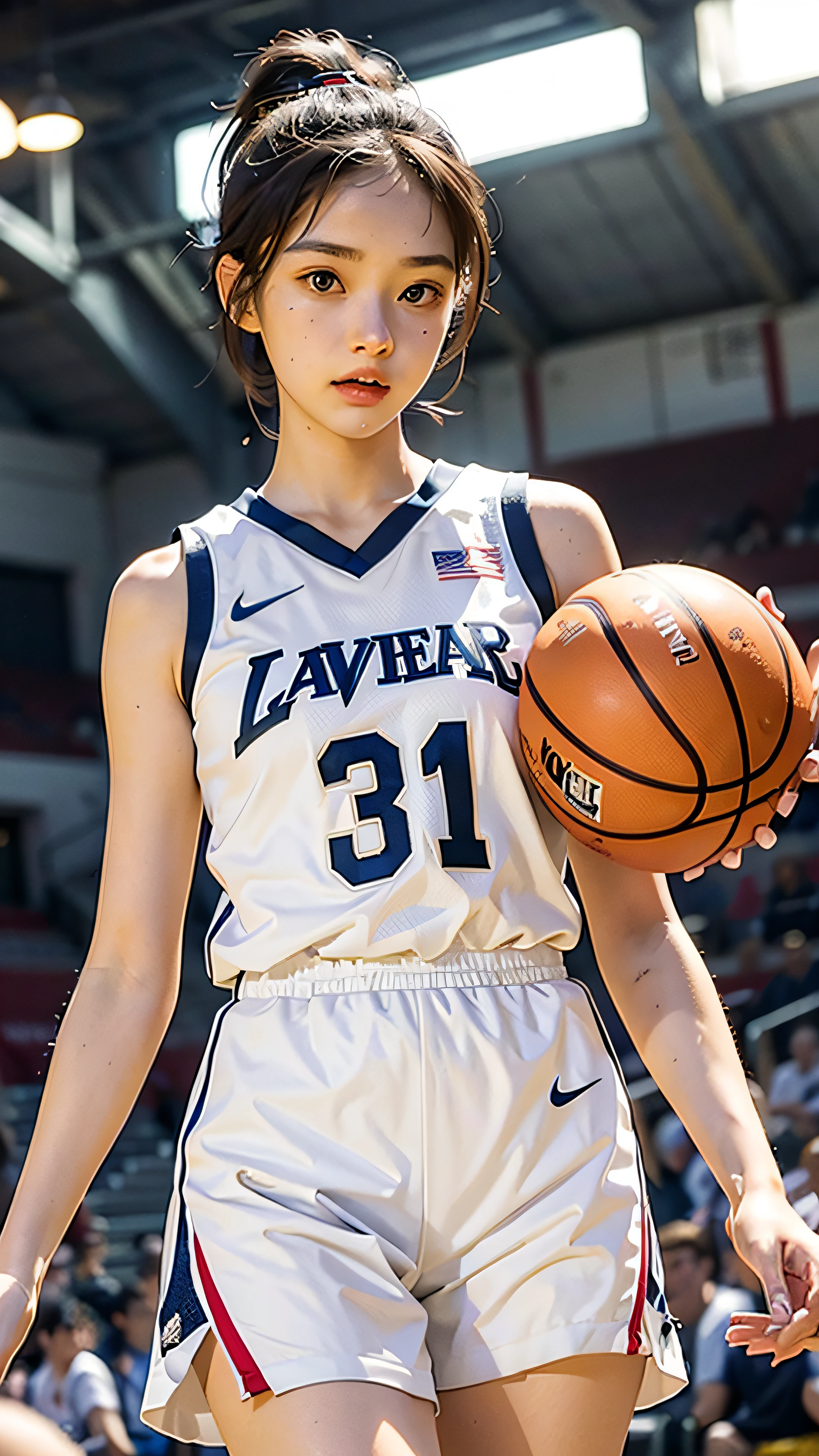 Girl in white basketball uniform, tall, is throwing and dribbling