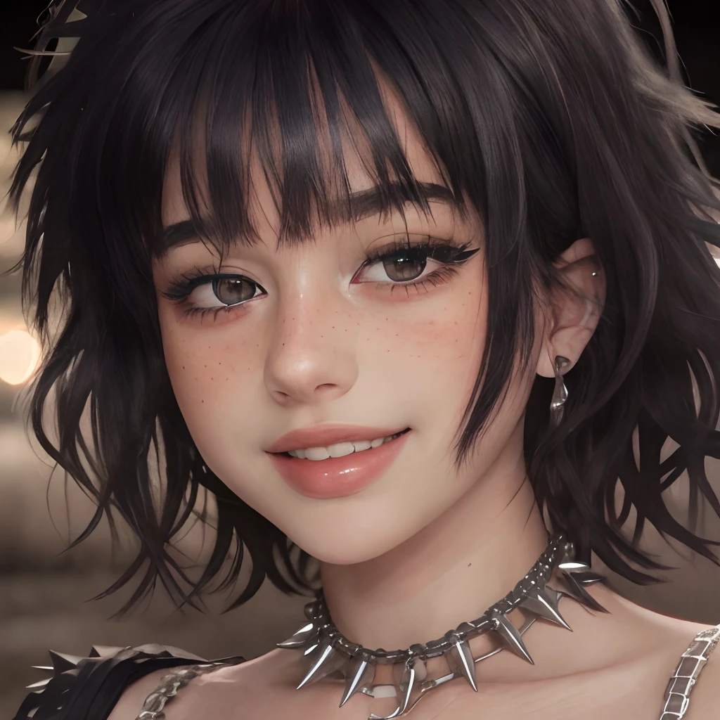 masterpiece, best quality,realistic,absurdres,1girl,looking at viewer,egirl_face, night, street, face detail, face retouch, leaning forward, massive breasts, smiling, laughing, spiky hair with wispy bangs, chains, spiky hair, spiked hair, blush, freckles, black hair, naked, shirtless