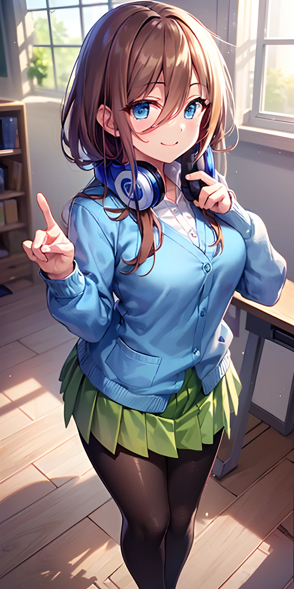 masutepiece, Best Quality, (Very detailed CG Unity 8K wallpaper) (Best Quality), (Best Illustration), (Best Shadows), Miku Nakano, Brown hair, Blue eyes, classroom, Beautiful detailed eyes, looking at viewer,((Blue Cardigan)),((Short green pleated skirt)),((Black pantyhose)), happy smile,head tilt,finger to mouth,from above, one eye closed