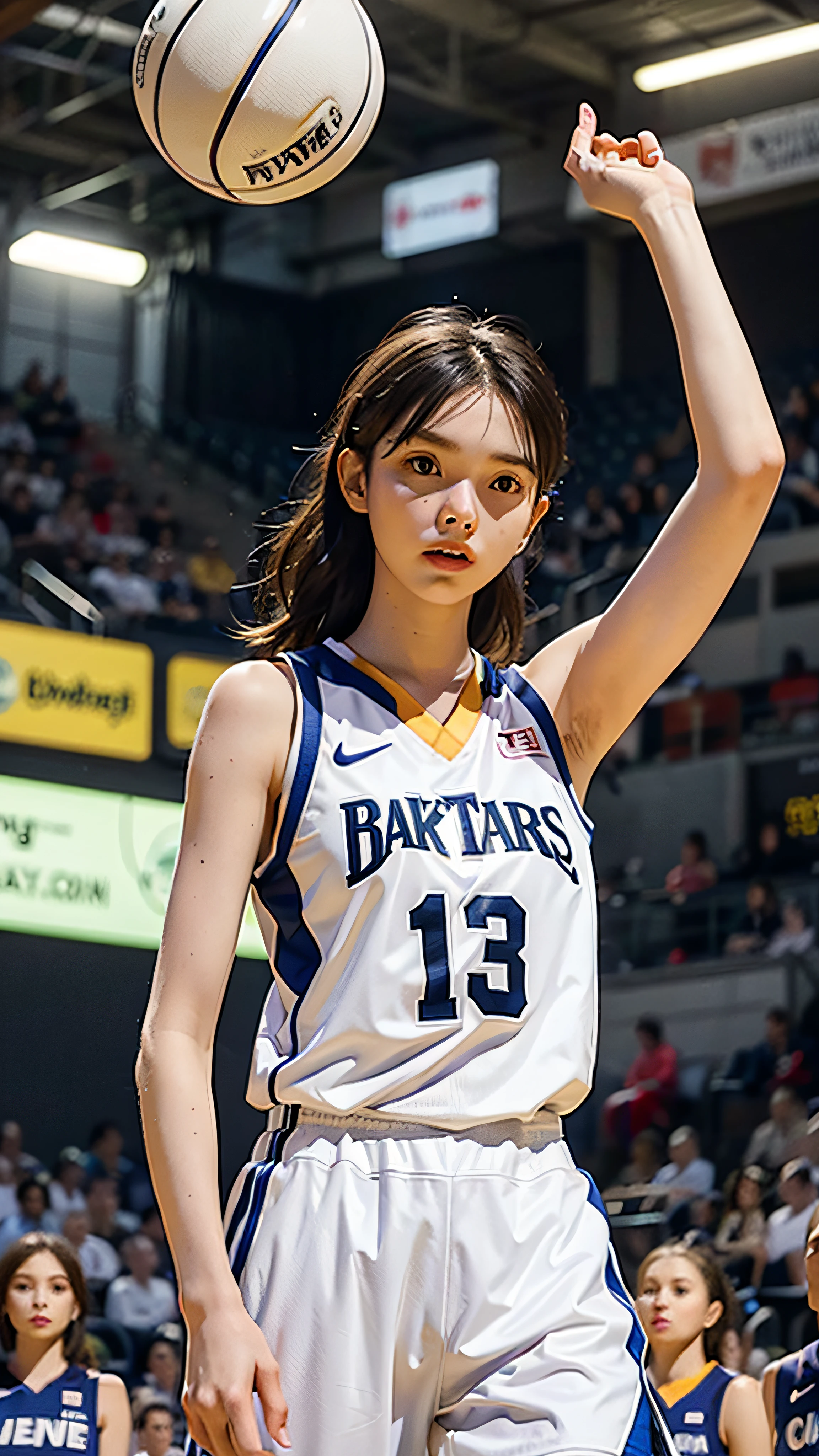 Girl in white basketball uniform, tall, is throwing and dribbling