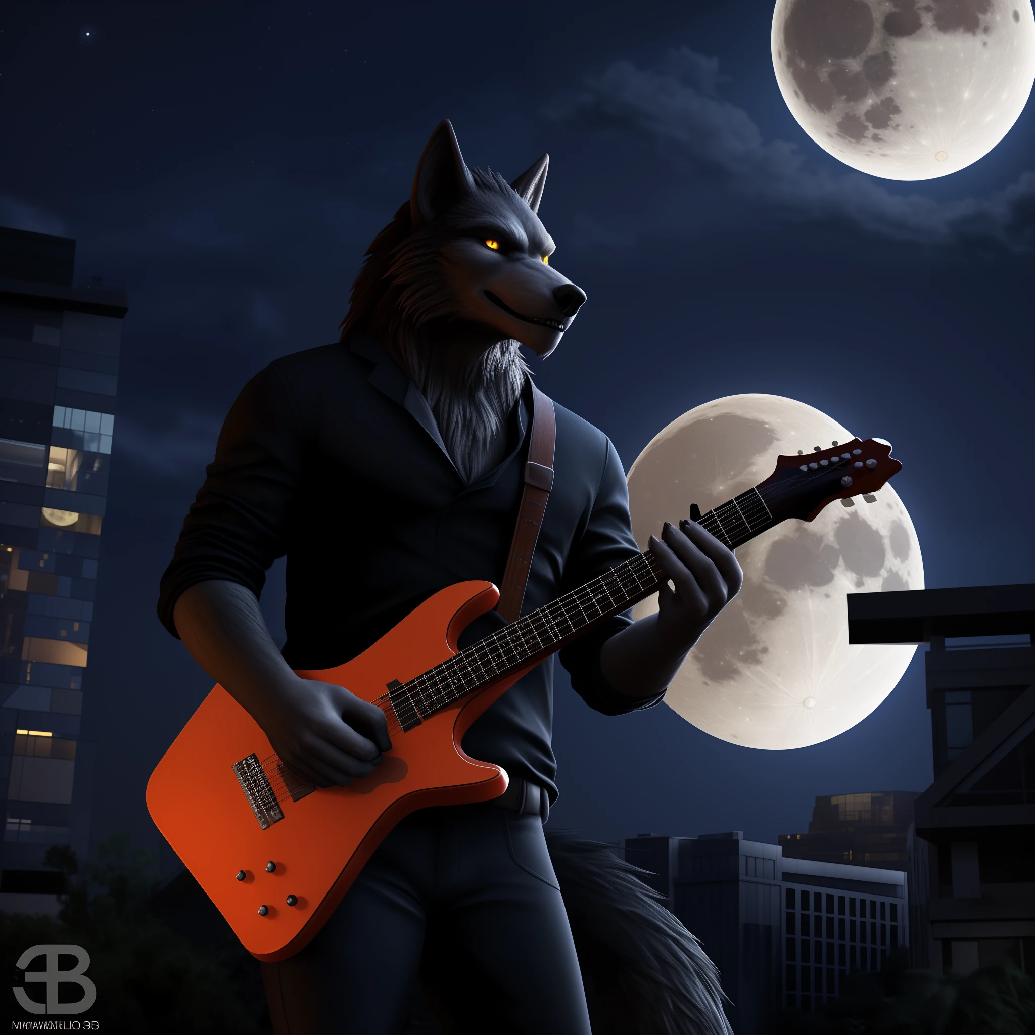 (best quality,3D rendering:1.2),(detailed,realistic),(werewolf),(guitar),(skyscraper),(night scene),(full moon),(Xbox series s graphics)