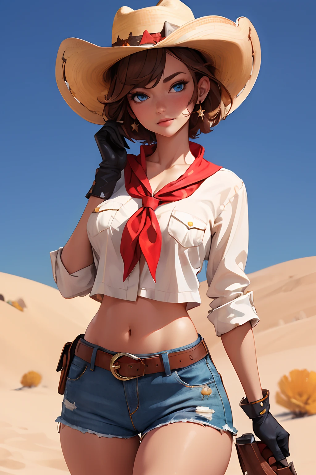 (((((solo))))),(((((masterpiece))))), (((((best quality))))),(((((highly detailed))))), finely detailed, Depth of field,detailed clothes, highres,
1girl, bangs, (beautiful detailed face:1.3), collarbone, collared shirt, ((white shirt)), button open to show cleavage, show belly, blue eyes, golden hair, cleavage, ((cowboy)), (cowboy hat:1.3), short gloves. fingerless gloves, hat, medium breasts, navel, neckerchief, red neckerchief, short hair, short shorts, shorts, healthy thighs, gun belt ,cowboy western, sunny desert background, thigh gap