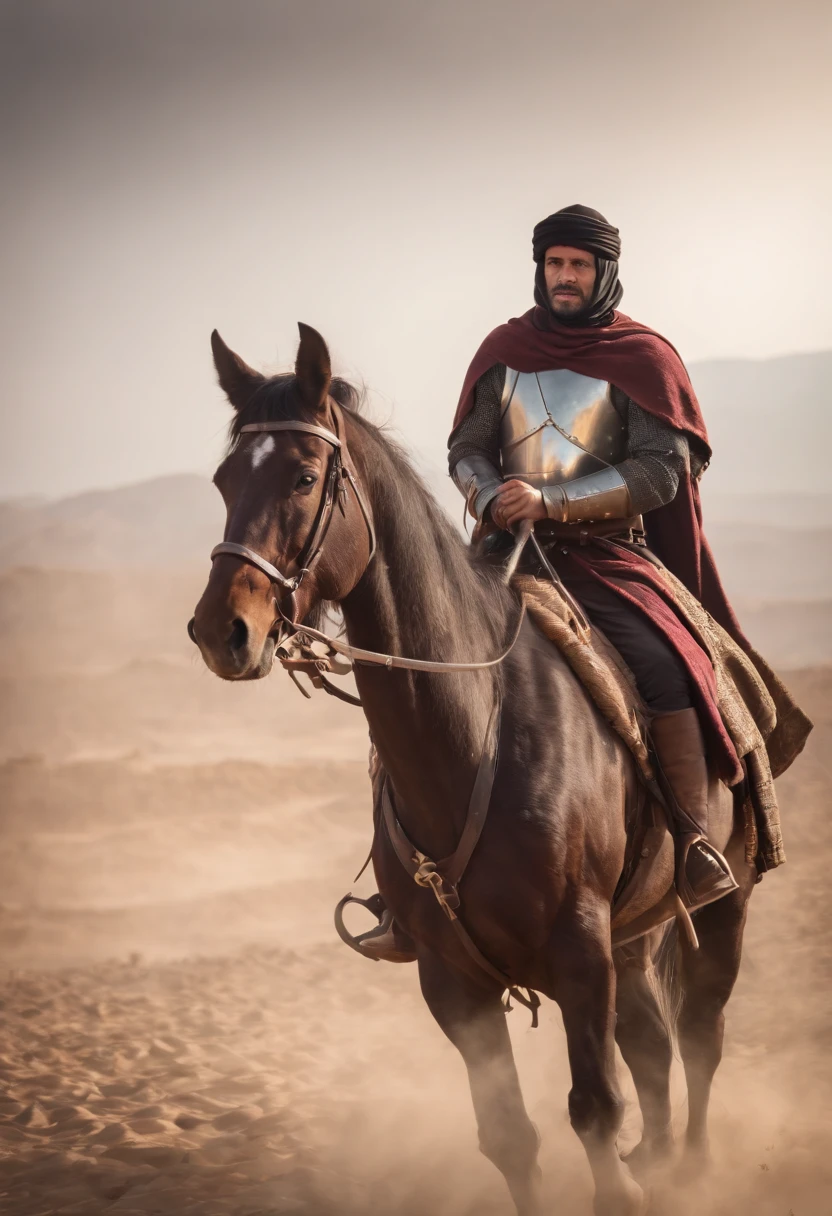 a moslem general holding a black flag riding a horse with desert background, there is a sun behind him, muscular, medieval armor, invading army background, hundreds of medieval soldier behind, a group of ancient men army behind,  a crowd behind him, UHD, cinematic,