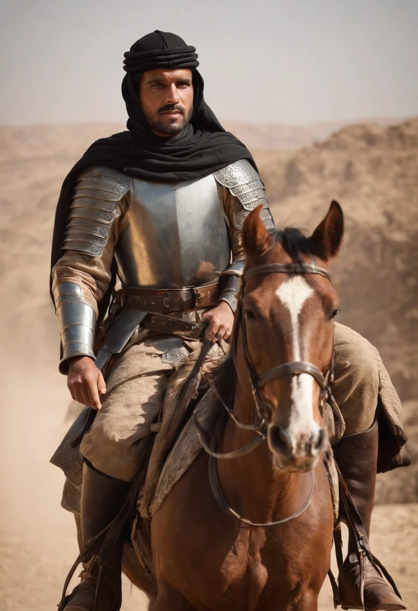 a moslem general holding a black flag riding a horse with desert background, there is a sun behind him, muscular, medieval armor, invading army background, hundreds of medieval soldier behind, a group of ancient men army behind, a crowd behind him, UHD, cinematic,