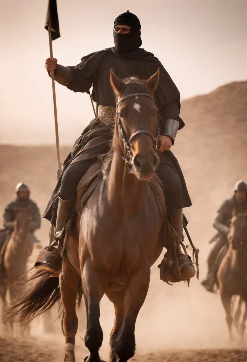 a moslem general holding a black flag riding a horse with desert background, there is a sun behind him, muscular, medieval armor, invading army background, hundreds of medieval soldier behind, a group of ancient men army behind,  a crowd behind him, UHD, cinematic,