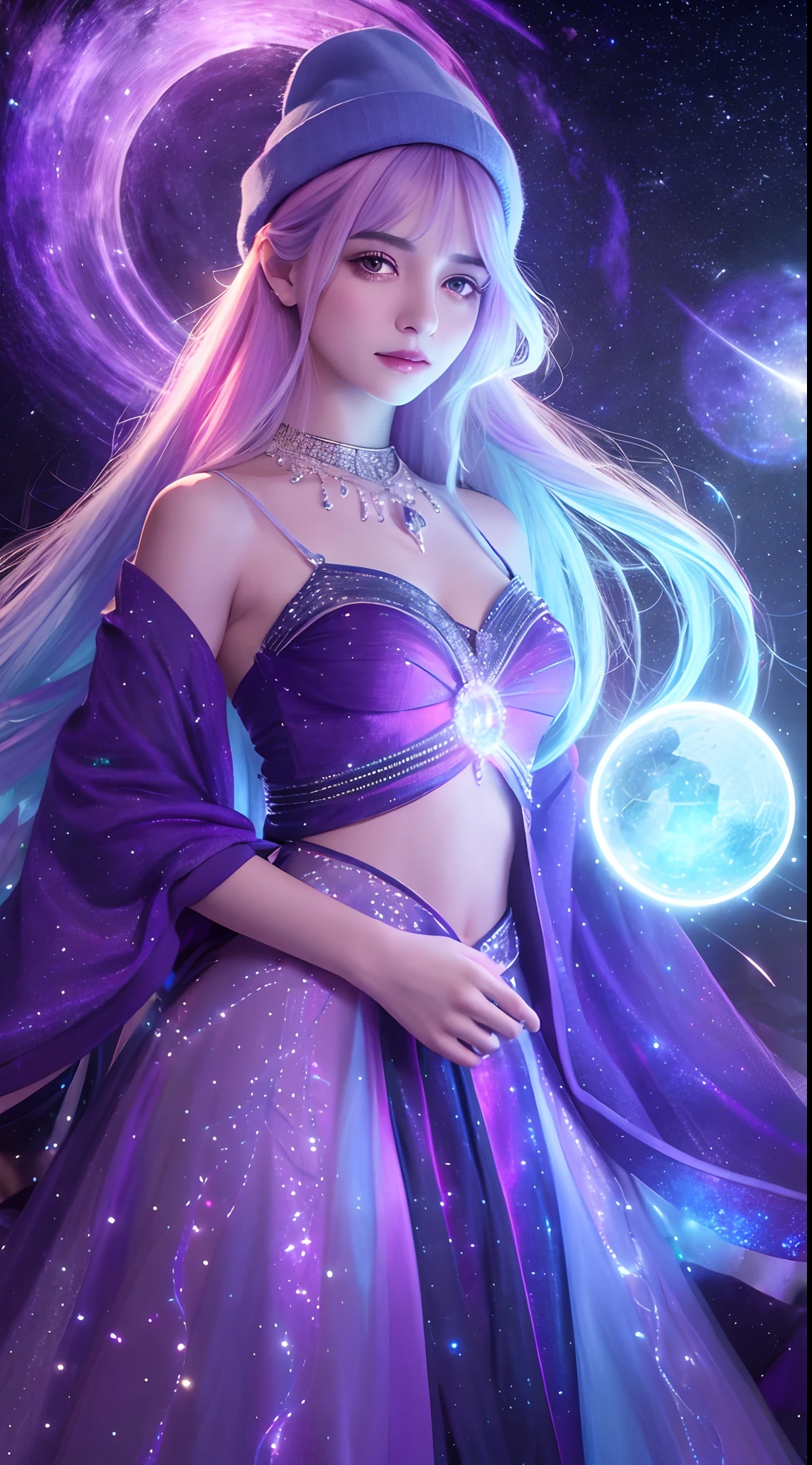 Nebula Silk: She wears a gown made of fabric that seems to contain a swirling nebula within it. The colors shift and change as she moves, giving her the appearance of a living galaxy with a sensual, otherworldly glow.