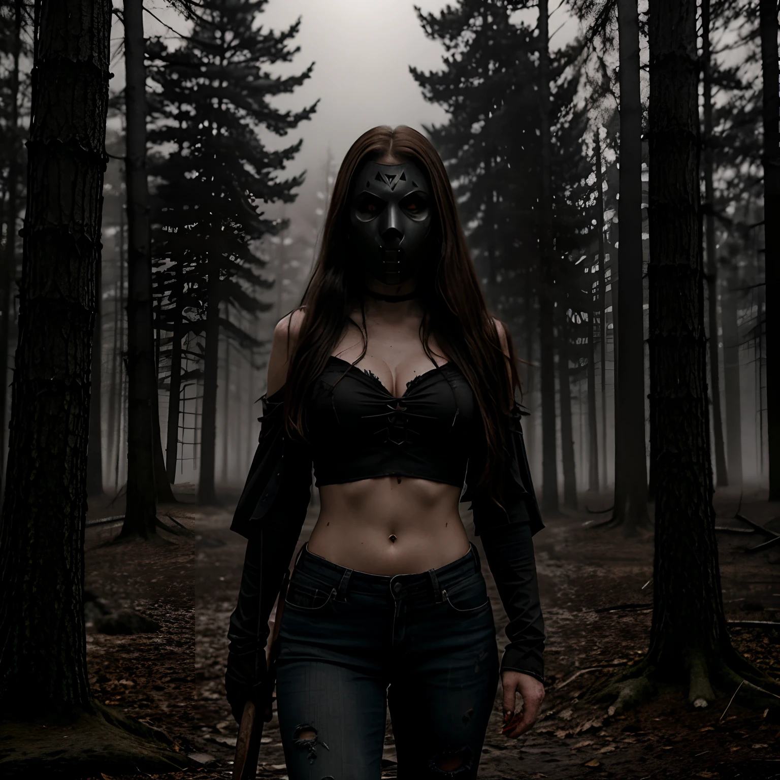 Generate a striking photograph of Autumn in her mid-20s, standing at approximately 5'4". She embodies a female version of Jason Voorhees from the Friday the 13th franchise. Her long, wavy chestnut hair cascades eerily over her shoulders, and her athletic hourglass figure, including her full bust, is cloaked in a sinister yet alluring manner. Her complexion is pallid, creating an eerie contrast with her dark attire.Cloaked in a gender-bent, menacing interpretation of Jason Voorhees' iconic attire, Autumn wears a tattered and blood-spattered hockey mask that conceals the upper part of her face. Her clothing consists of a weathered, blood-stained hockey jersey with the number 13, paired with distressed, dirt-covered jeans and heavy, mud-caked boots.The photoshoot takes place in a creepy, moonlit forest by the shores of Crystal Lake. The atmosphere is shrouded in fog, and the dim moonlight casts eerie shadows through the trees, creating a chilling ambiance.Autumn strikes poses that convey both malevolent power and eerie allure. She might menacingly wield a bloodied axe, poised to strike, while her expressive brown eyes gleam with malevolence through the eye holes of the hockey mask. Her stance exudes a sinister confidence that captures the essence of Jason Voorhees.Intense look and makeup, asymmetrical mask design, photorealistic, moonlit lighting, ominous fog, reflective axe blade, visible gore and bloodstains, chilling shadows, intricate, elaborate, hyper-realistic.