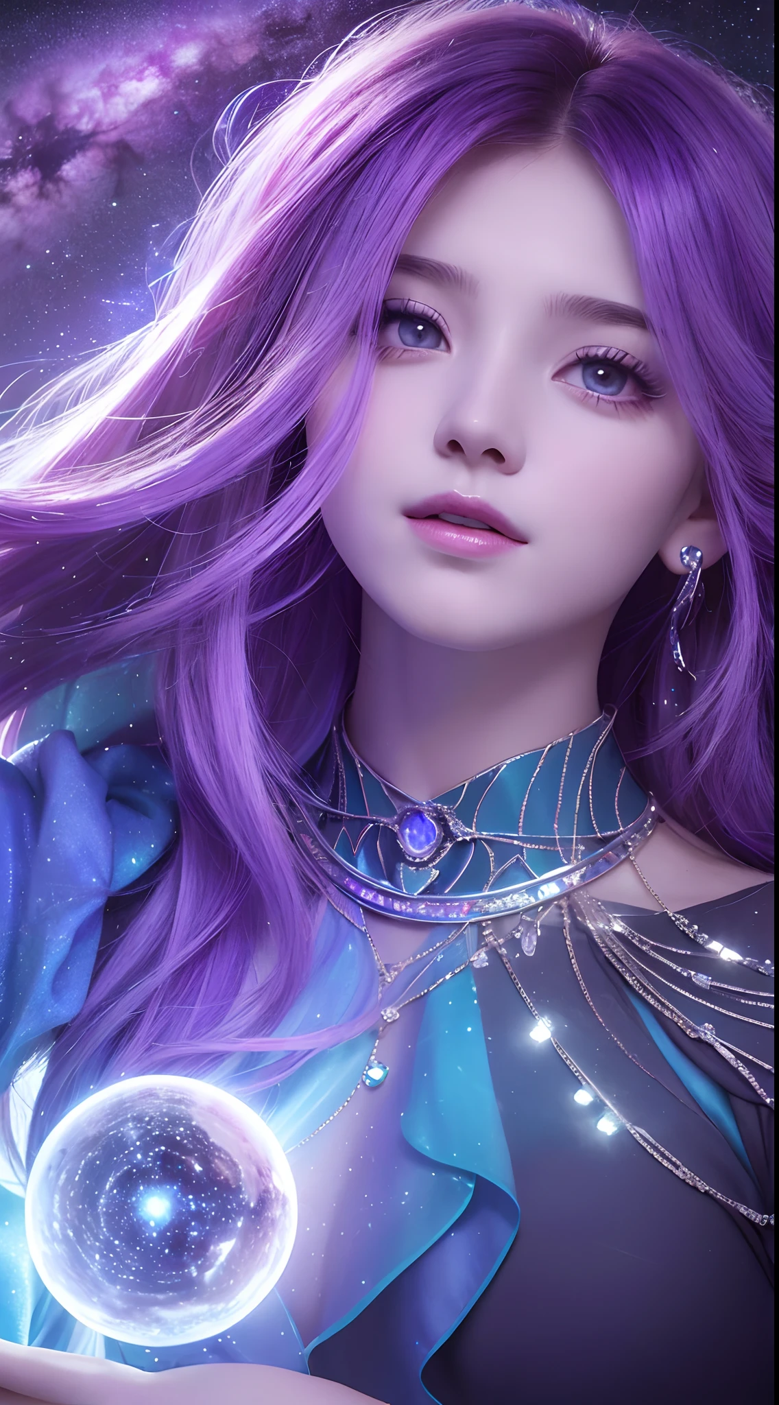 fondo: Mysterious quantum environment, Cosmic elements and ethereal atmosphere,Una mezcla de luces brillantes y nebulosas coloridas. tema: A mysterious girl with a magical aura. Ella tiene mucho tiempo, Rizos ondulados coloridos, El cabello brillante se destaca. Sus ojos son profundos y expresivos, Universe of reflection. She wore a flowing dress in purple and blue......, Con detalles intrincados y texturas misteriosas. Paleta de colores: A combination of mysterious shades such as cosmic purple, celestial, Rosa suave y un toque dorado. Crear contrastes, Aumentar la profundidad, color oscuro, Like dark purple or night blue. aesthetic: Aesthetics combine elements of Mistycore, Known for its mysterious and ethereal atmosphere, and crystalline nuclei, Con su claridad cristalina y detalles brillantes. The girl exudes magical energy,Su presencia se cierne sobre ella,fascinante. cubierto con: Keep subtle bright effects and glow overlays around the girl, cubierto con: Adds a soft glow effect around the girl and the crystal, Parece exudar magia. Also, Add small flash details Enhances the ethereal atmosphere, Captura de todo el cuerpo.(Beautiful and detailed eye description),motor irreal:1.4,UHD,La mejor calidad:1.4, (fotorrealista:1.4),( textura de la piel:1.4), (obra maestra:1.8)