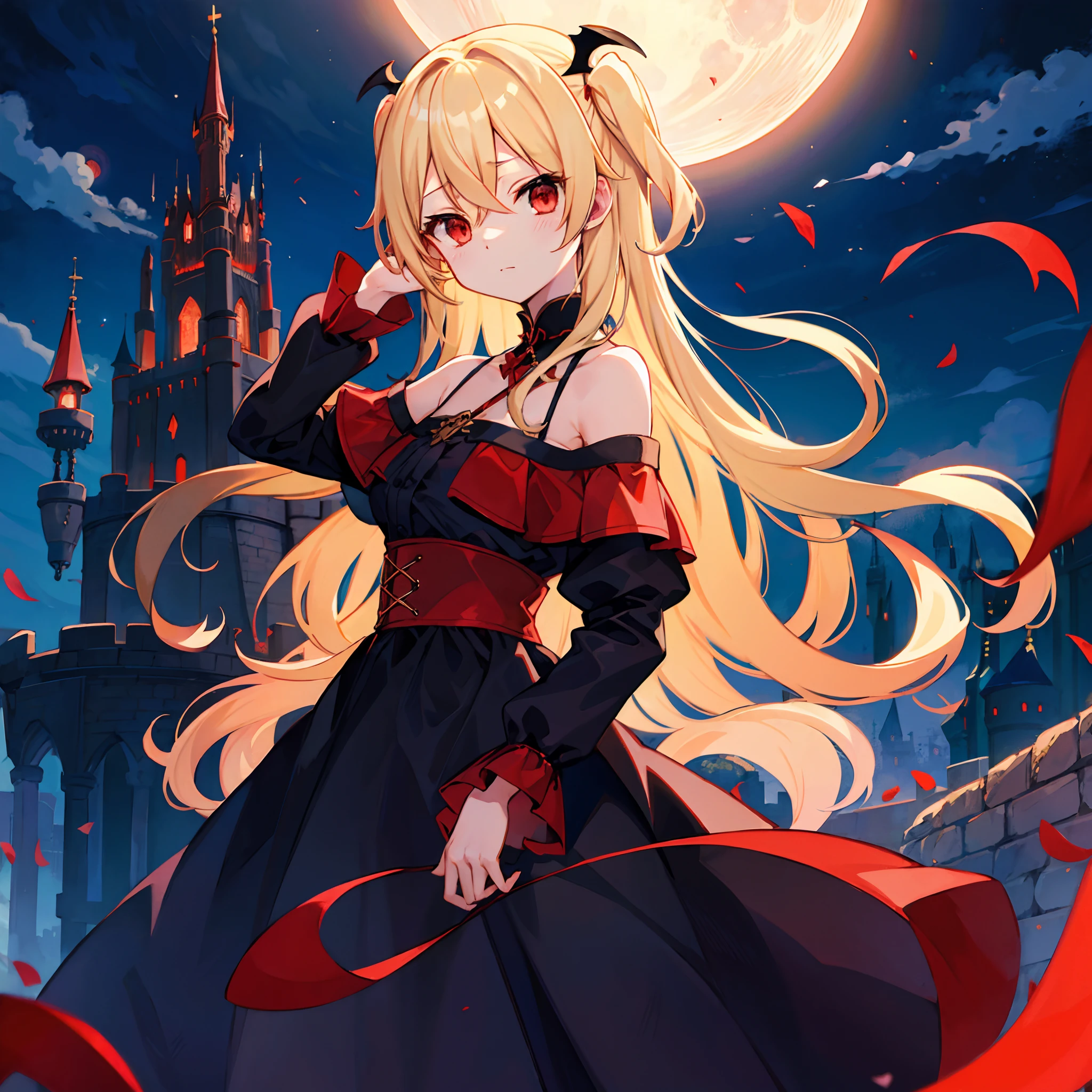 Wavy blonde、red eyes、One beautiful vampire girl、Black clothe、off shoulders、a moon、natta、Western castles