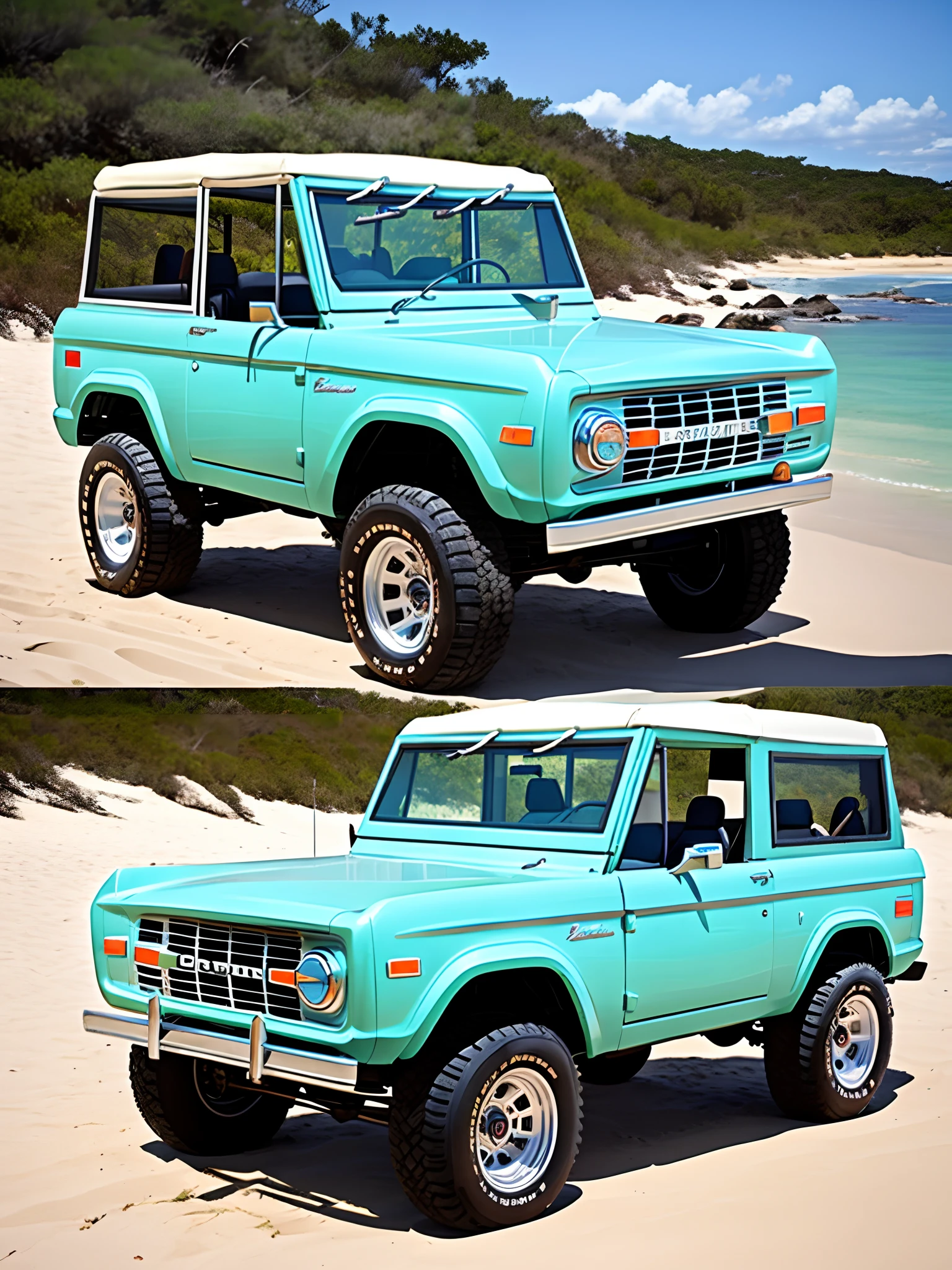 1971 ford bronco, aqua colored, with the top off, a white roll bar, a white grill, a set of white steel wheels, with big tires and a matching spare tire on the back, on a beach