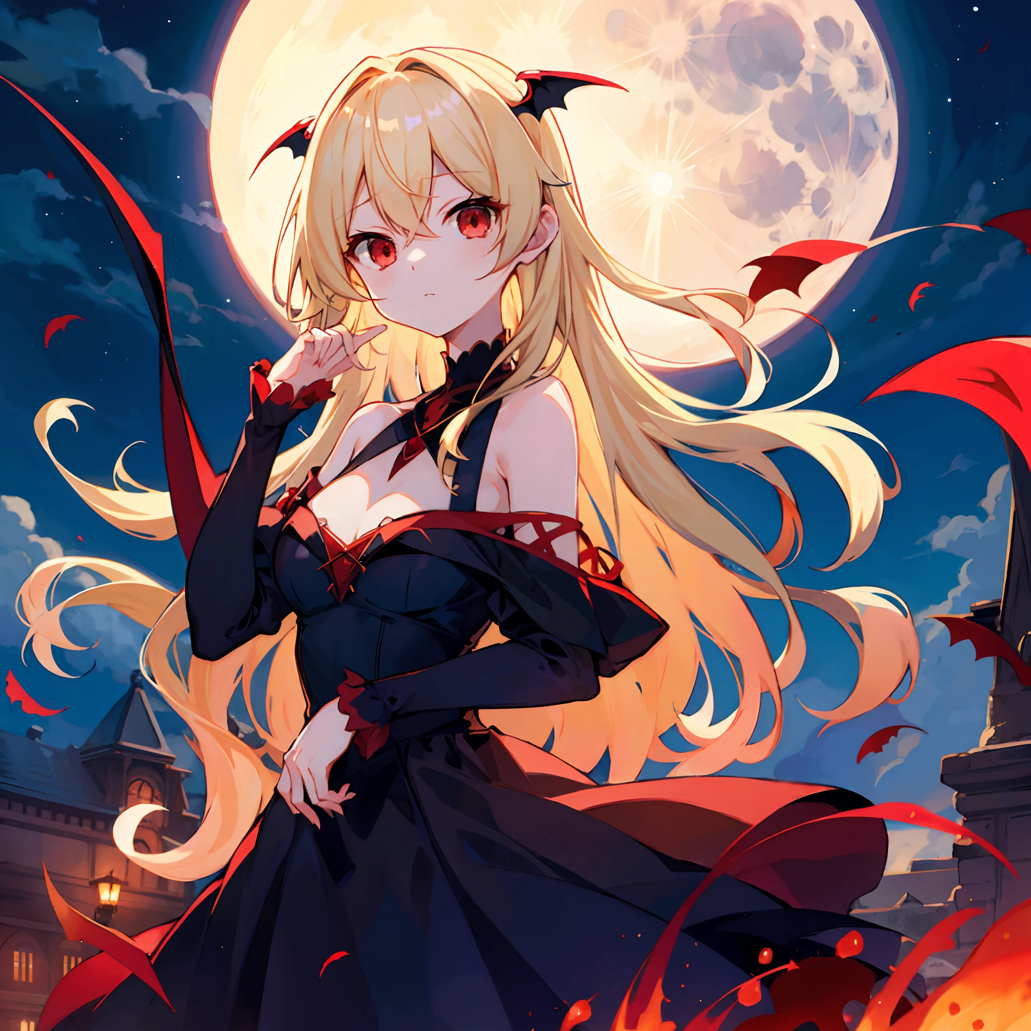 Wavy blonde、red eyes、One beautiful vampire girl、Black dress、off shoulders、a moon、natta