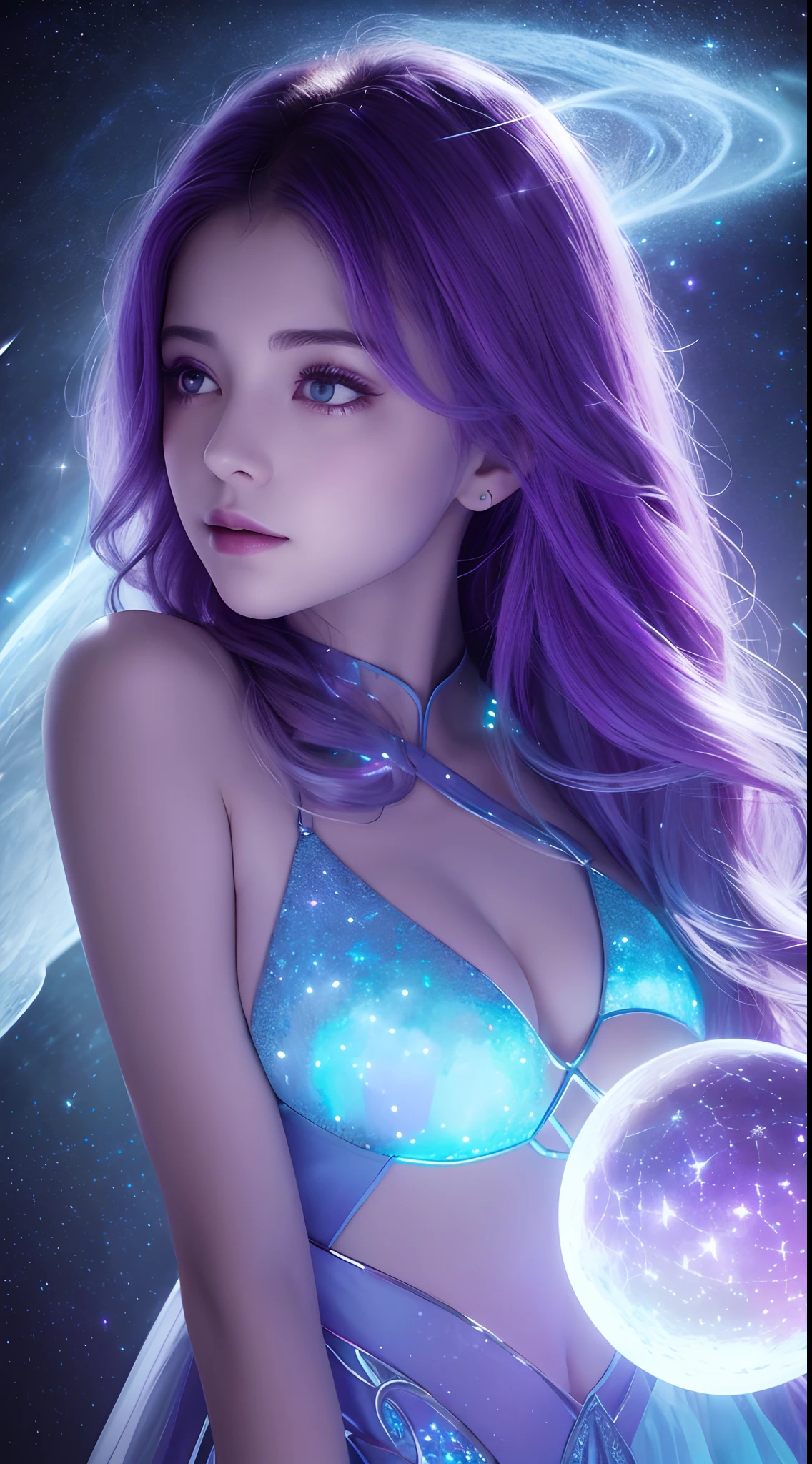 fondo: Mysterious quantum environment, Cosmic elements and ethereal atmosphere,Una mezcla de luces brillantes y nebulosas coloridas. tema: A mysterious girl with a magical aura. Ella tiene mucho tiempo, Rizos ondulados coloridos, El cabello brillante se destaca. Sus ojos son profundos y expresivos, Universe of reflection. She wore a flowing dress in purple and blue......, Con detalles intrincados y texturas misteriosas. Paleta de colores: A combination of mysterious shades such as cosmic purple, celestial, Rosa suave y un toque dorado. Crear contrastes, Aumentar la profundidad, color oscuro, Like dark purple or night blue. aesthetic: Aesthetics combine elements of Mistycore, Known for its mysterious and ethereal atmosphere, and crystalline nuclei, Con su claridad cristalina y detalles brillantes. The girl exudes magical energy,Su presencia se cierne sobre ella,fascinante. cubierto con: Keep subtle bright effects and glow overlays around the girl, cubierto con: Adds a soft glow effect around the girl and the crystal, Parece exudar magia. Also, Add small flash details Enhances the ethereal atmosphere, Captura de todo el cuerpo.(Beautiful and detailed eye description),motor irreal:1.4,UHD,La mejor calidad:1.4, (fotorrealista:1.4),( textura de la piel:1.4), (obra maestra:1.8)