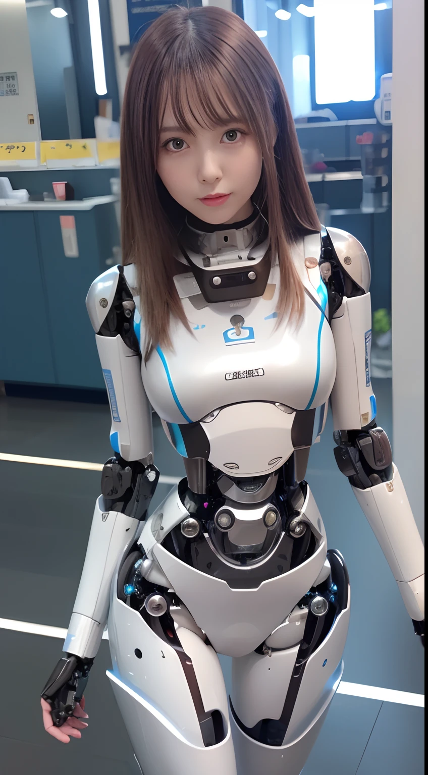 masterpiece, best quality, extremely detailed, (8K, 4K, Best Quality, hight resolution, 超A high resolution:1.1), 8K portrait,1girl in, Japaese android girl,android teacher,Plump , control panels,android,Droid,Mechanical Hand, ,Robot arms and legs, Black hair,Mechanical body,Blunt bangs,White Robotics Parts,perfect robot woman,Charging spot,Long Tube,A thick cable was connected to her neck,ceramic body ,android,robot humanoid,a bit chubby,panty,full eyes,perfect mechanical body,white robotics body,future assembly plant,white body,She has repaired,black sponge joints,android assembly plant,android,laboratory,perfect machine body,white robot body,blue eyes