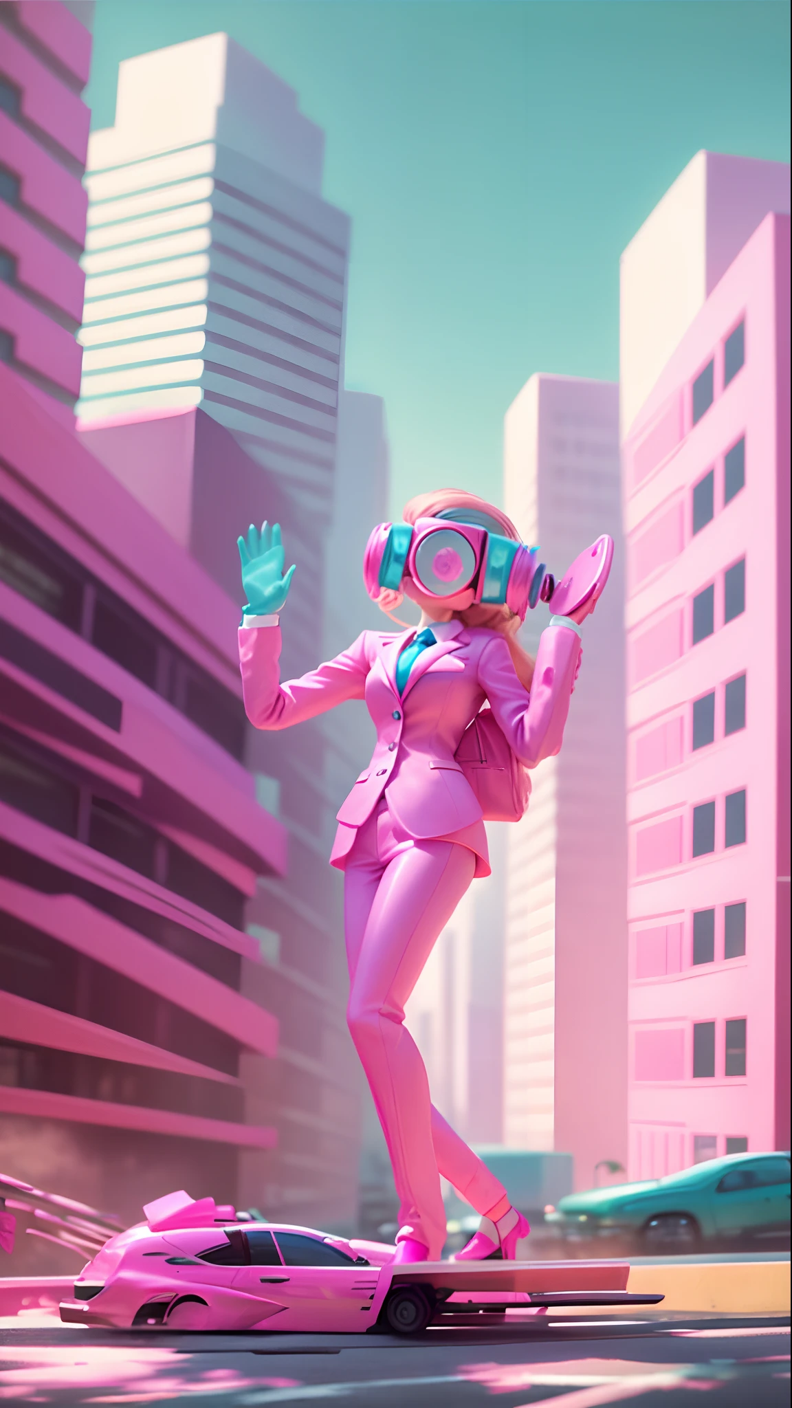 barbie Doll style. (office suit), (Pink and cyan Background), (outdoor, road, morning), Toy.