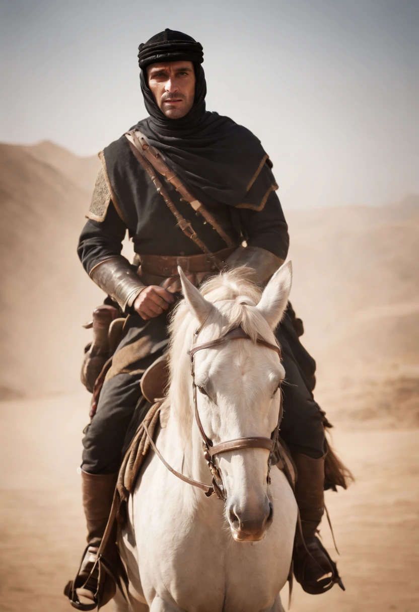 a moslem general holding a black flag riding a horse with desert background, there is a sun behind him, muscular, medieval armor, invading army background, hundreds of medieval soldier behind, a group of ancient men army behind, group of crowds behind him, UHD, cinematic,