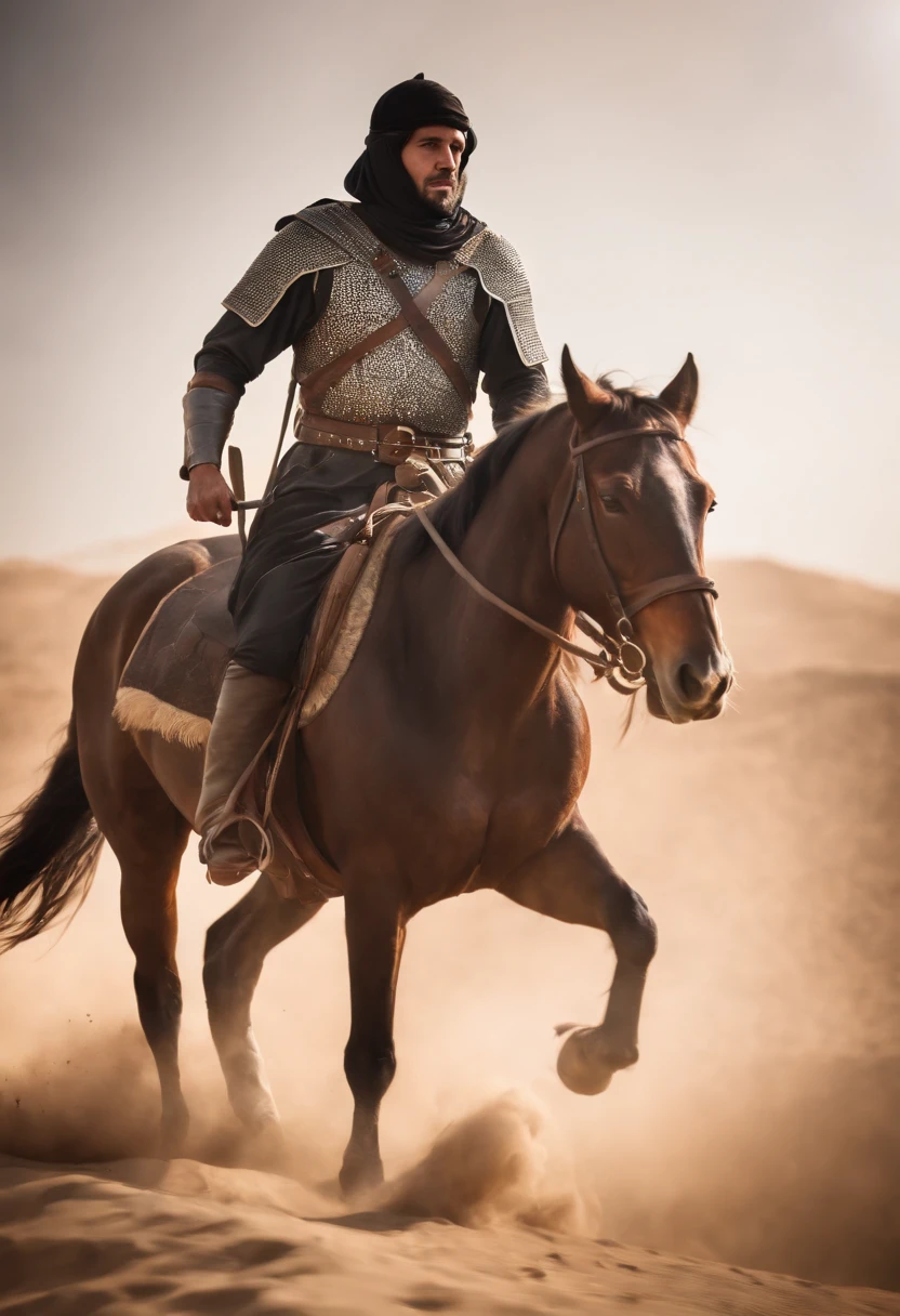 a moslem general holding a black flag riding a horse with desert background, there is a sun behind him, muscular, medieval armor, invading army background, hundreds of medieval soldier behind, a group of ancient men army behind, group of crowds behind him, UHD, cinematic,