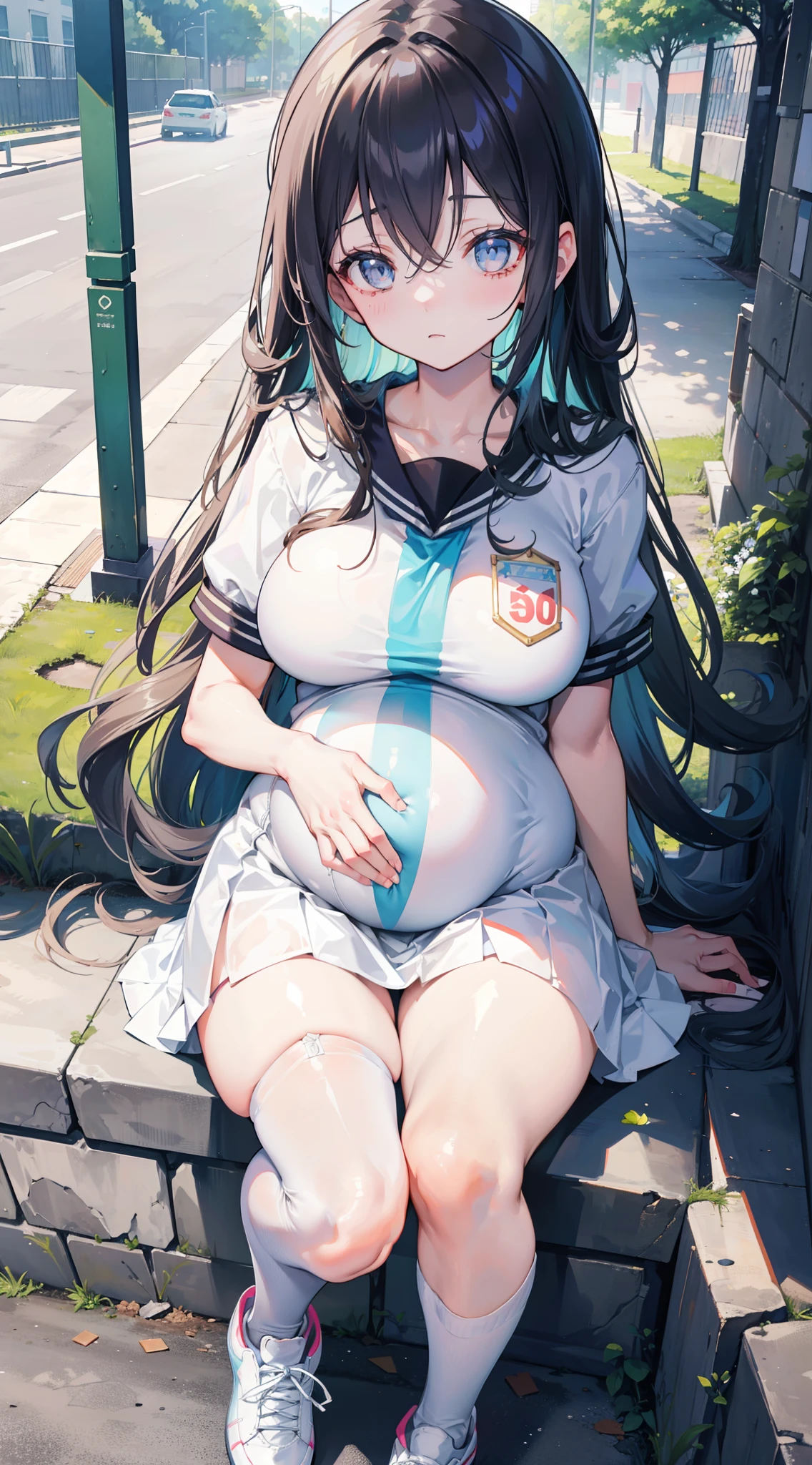 Masterpiece, 1girll, yukino yukinoshita, Glowing eyes, White sneakers, tennis wear, White miniskirt, White panties, White knee socks, Masterpiece, Top quality,  Hyper-detailed, Blue sky, grabbing her own breasts,Pregnant belly，Pregnant belly， Masterpiece,Best quality,absurderes,2D,((Anime screencap)),1girll,Cute,Expressive hair,Long hair,(Medium breasts),bouncing breasts,(pregnant:0.9),ahegao,Long shirt,vibrator in thighhighs,(((Trembling))),Outdoors,street