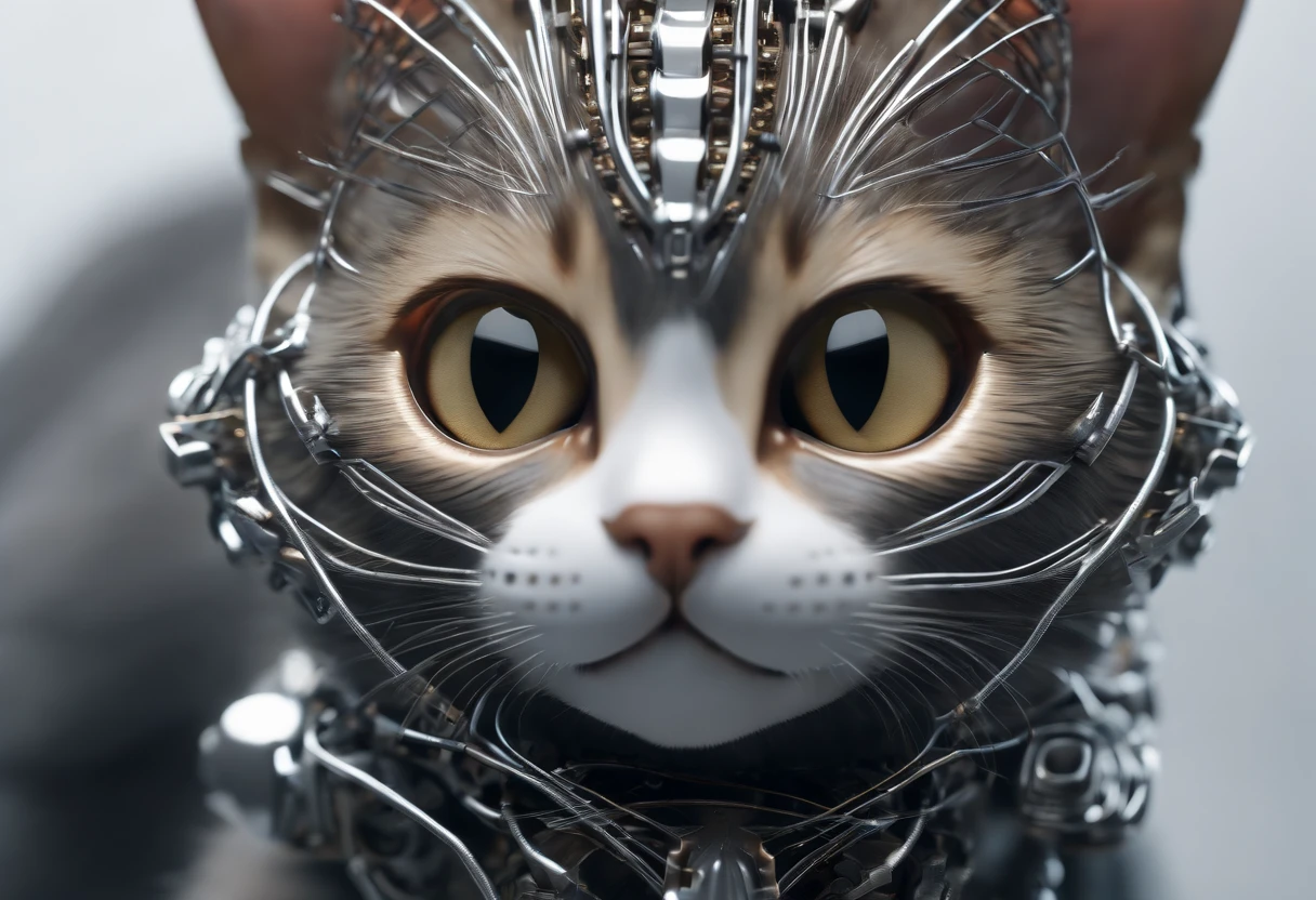 a cute kitten made out of metal，(cyborgs:1.1)，([tail | Detailed wire]:1.3)，(intricate-detail)，nffsw，(intricate-detail，ultra - detailed:1.2)，Cinema Lens，Vignette，at centre，macro lens, cyborgs, Cyberpunk style, ((Intricate details)), nffsw, ((Intricate details, ultra - detailed)), cinema shot, Vignette, Perfect (((gorgeous faces))), Highly detailed, Convoluted ,((Best Quality, 8K, Master Parts: 1.3)),