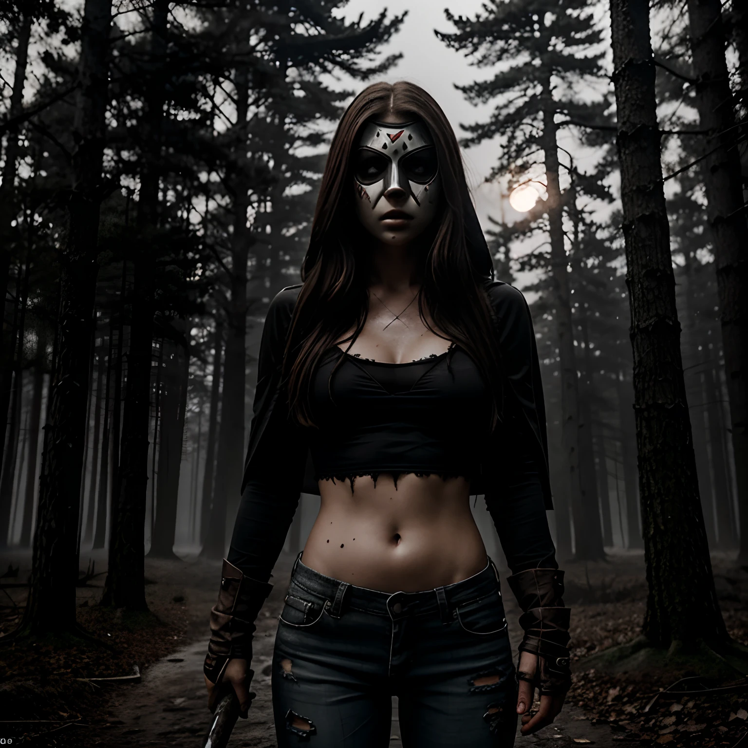 Generate a striking photograph of Autumn in her mid-20s, standing at approximately 5'4". She embodies a female version of Jason Voorhees from the Friday the 13th franchise. Her long, wavy chestnut hair cascades eerily over her shoulders, and her athletic hourglass figure, including her full bust, is cloaked in a sinister yet alluring manner. Her complexion is pallid, creating an eerie contrast with her dark attire.Cloaked in a gender-bent, menacing interpretation of Jason Voorhees' iconic attire, Autumn wears a tattered and blood-spattered hockey mask that conceals the upper part of her face. Her clothing consists of a weathered, blood-stained hockey jersey with the number 13, paired with distressed, dirt-covered jeans and heavy, mud-caked boots.The photoshoot takes place in a creepy, moonlit forest by the shores of Crystal Lake. The atmosphere is shrouded in fog, and the dim moonlight casts eerie shadows through the trees, creating a chilling ambiance.Autumn strikes poses that convey both malevolent power and eerie allure. She might menacingly wield a bloodied axe, poised to strike, while her expressive brown eyes gleam with malevolence through the eye holes of the hockey mask. Her stance exudes a sinister confidence that captures the essence of Jason Voorhees.Intense look and makeup, asymmetrical mask design, photorealistic, moonlit lighting, ominous fog, reflective axe blade, visible gore and bloodstains, chilling shadows, intricate, elaborate, hyper-realistic.