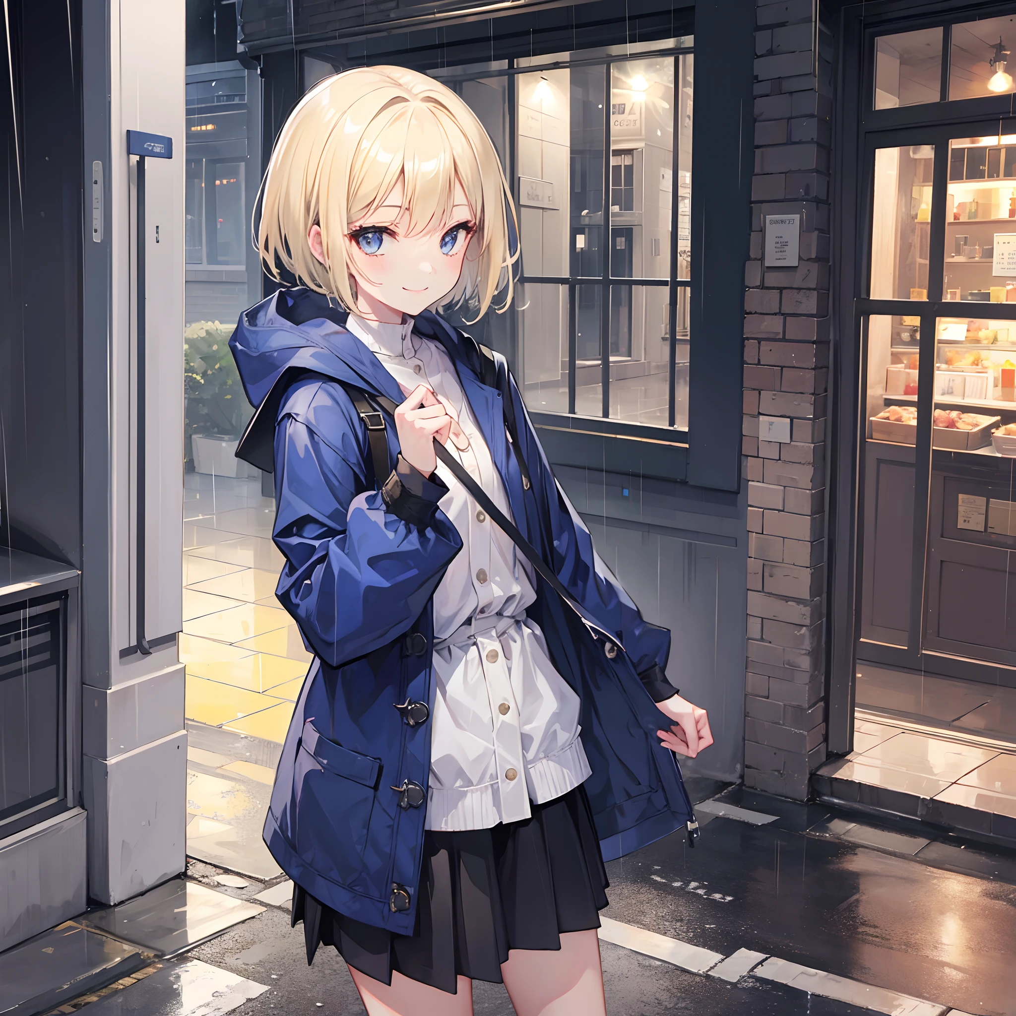 1 girl, smiling, european, rain coat, skirt, (small) chillerism, short blonde hair, European street