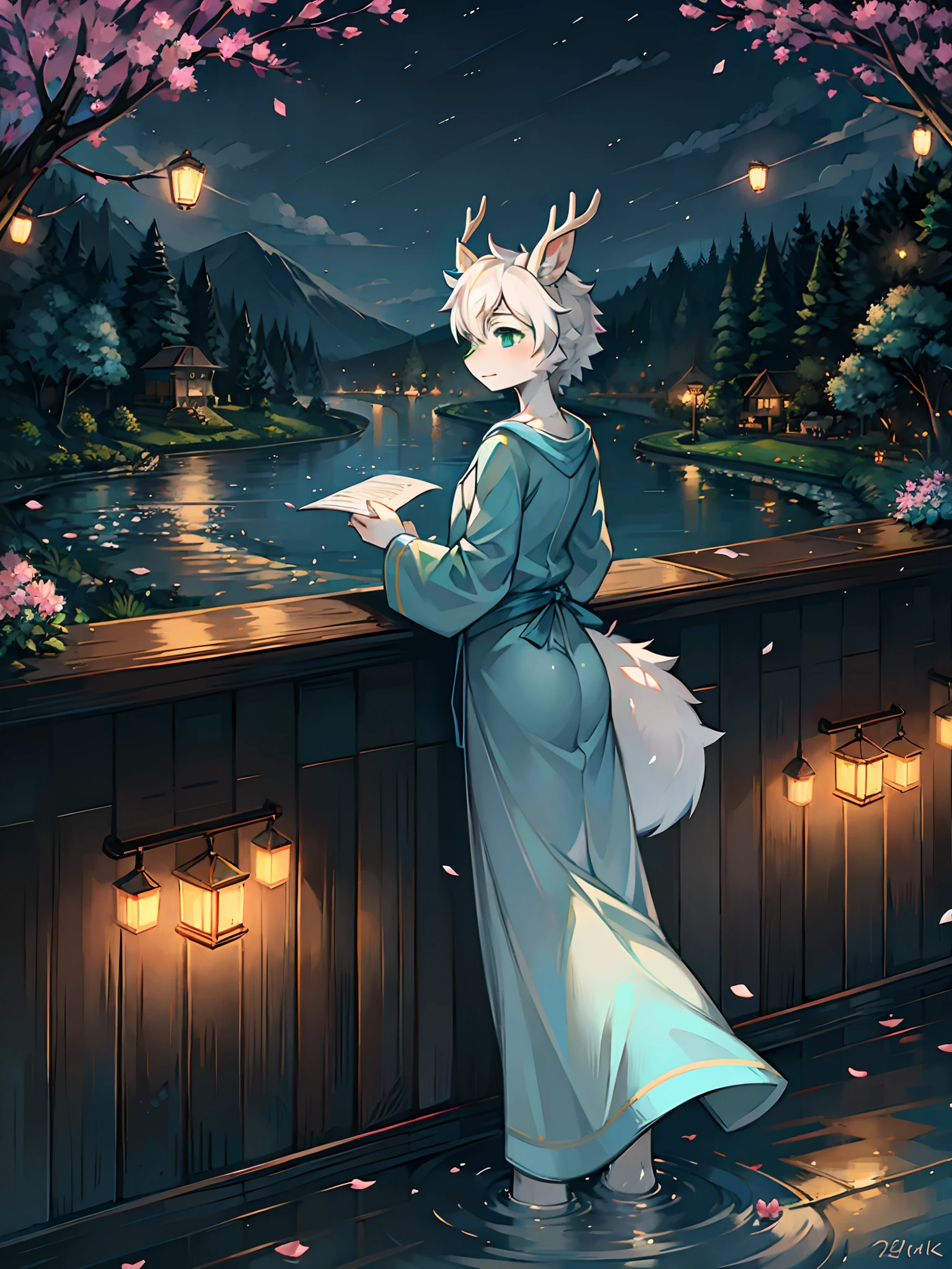 A white deer，long blue robes，Green eyes，deer antlers，River side，falling flower petals，It rained heavily，The tree，White petals，Lake Pavilion，Holding an umbrella，dark cloude，A sad look，veils，rainwater，Blue umbrella，White pear blossom tree，downpours，rain，Paper lanterns floating on the surface of the river，River lamps，Ripples on the river，teardrop，Scattered paper，White petals，facing away from the audience