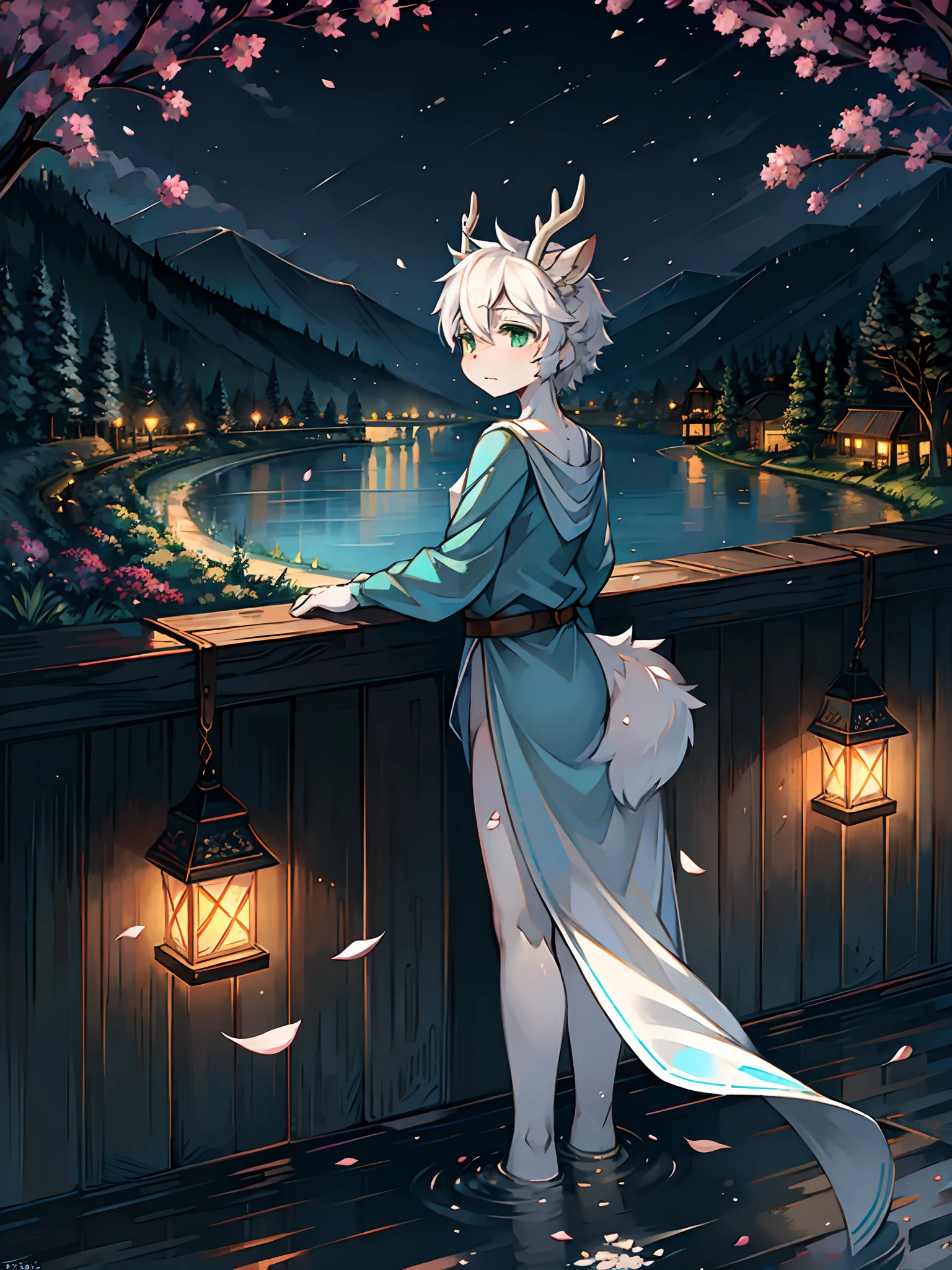 A white deer,long blue robes,Green eyes,deer antlers,River side,falling flower petals,It rained heavily,The tree,White petals,Lake Pavilion,Holding an umbrella,dark cloude,A sad look,veils,rainwater,Blue umbrella,White pear blossom tree,downpours,rain,Paper lanterns floating on the surface of the river,River lamps,Ripples on the river,teardrop,Scattered paper,White petals,facing away from the audience