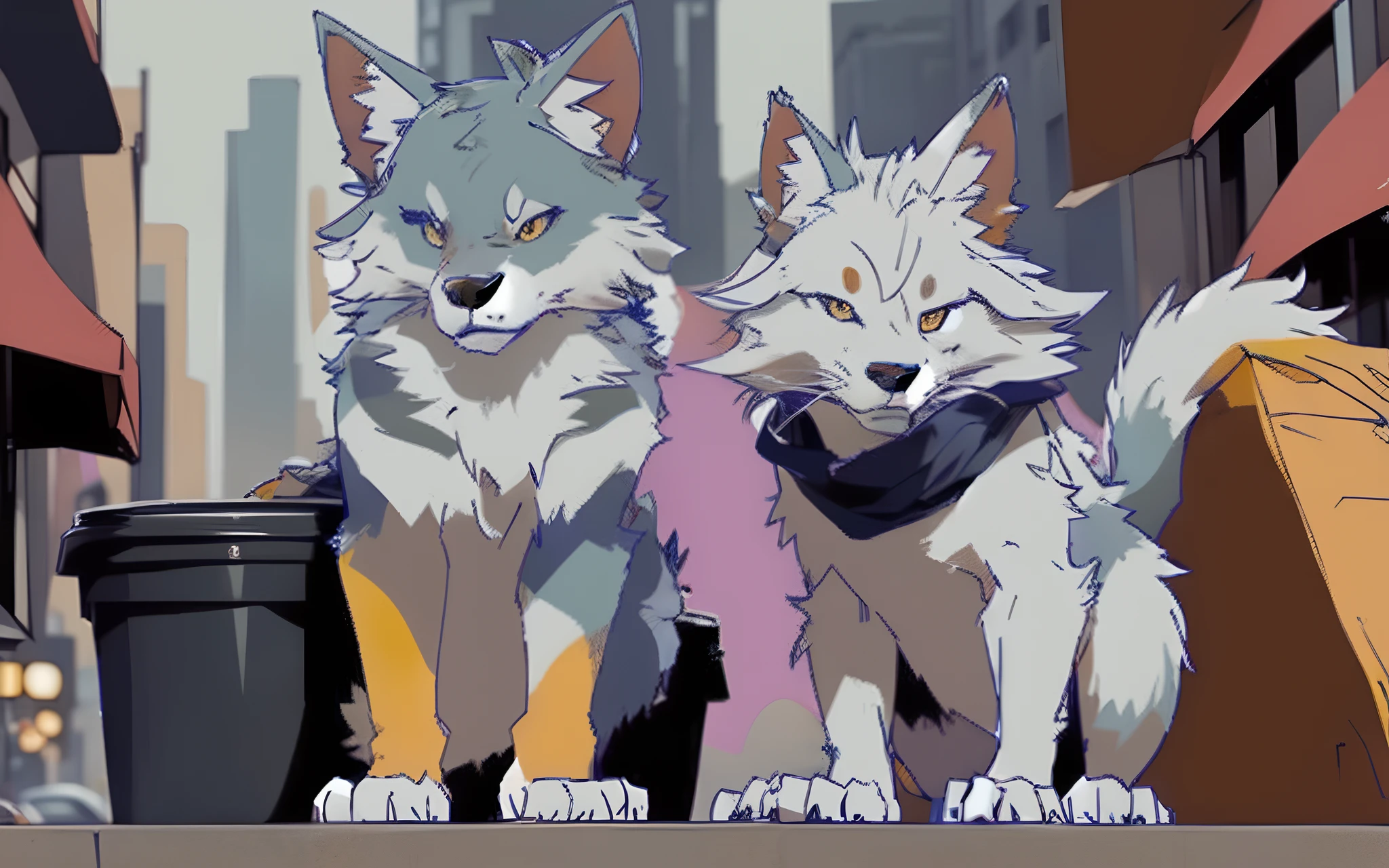 A furry wolf,male people,Gray and white hair,Adult male wolves,Tall,Large size,legs long,musculature,Street corner in the rain,Trash cans around,decrepit,Standing in the rain,The body is drenched,,Wear a yellow loose sweatshirt top,Moonlit nights,Big blue eyes,Handsome,adolable,ssmile,scar,shaggy,shaggy,furry,critters,FURRY,Mouth length