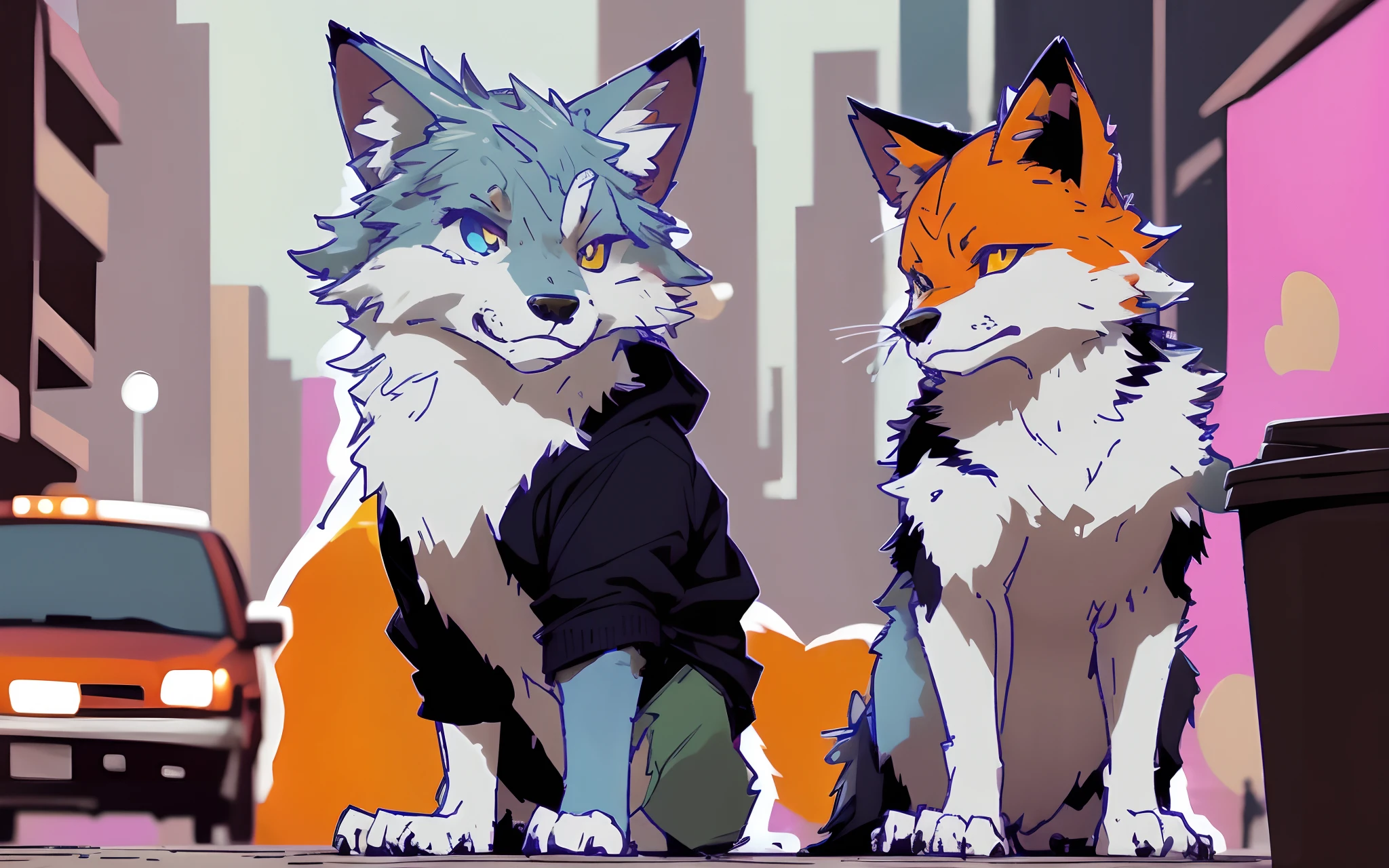 A furry wolf,male people,Gray and white hair,Adult male wolves,Tall,Large size,legs long,musculature,Street corner in the rain,Trash cans around,decrepit,Standing in the rain,The body is drenched,,Wear a yellow loose sweatshirt top,Moonlit nights,Big blue eyes,Handsome,adolable,ssmile,scar,shaggy,shaggy,furry,critters,FURRY,Mouth length