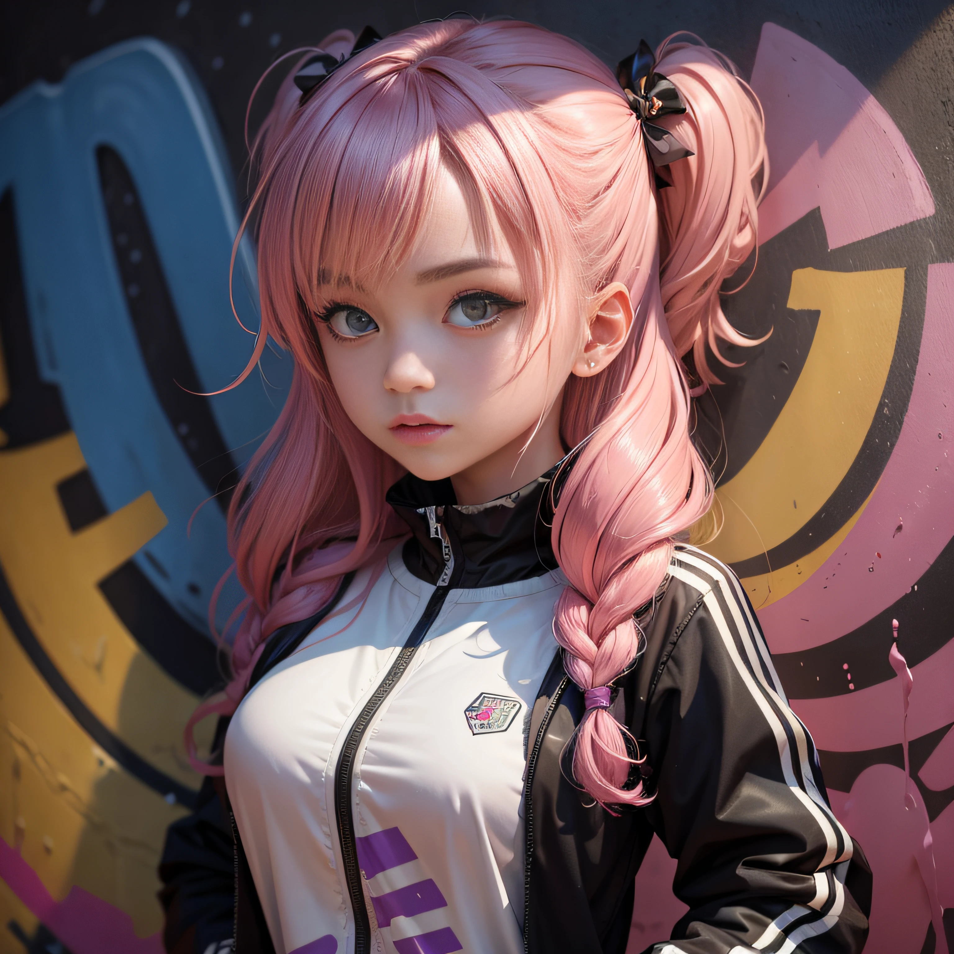 Loli girl, beautiful and cute,, yellow jacket, white sweatshirt, lots of colorful balloons, baby face, chibi style, red and blue two-color hair, ponytail braided hair, perfect detail eyes, delicate face, perfect CG, HD picture quality, colorful balloons, sky, a white truck parked in front of a building,  
