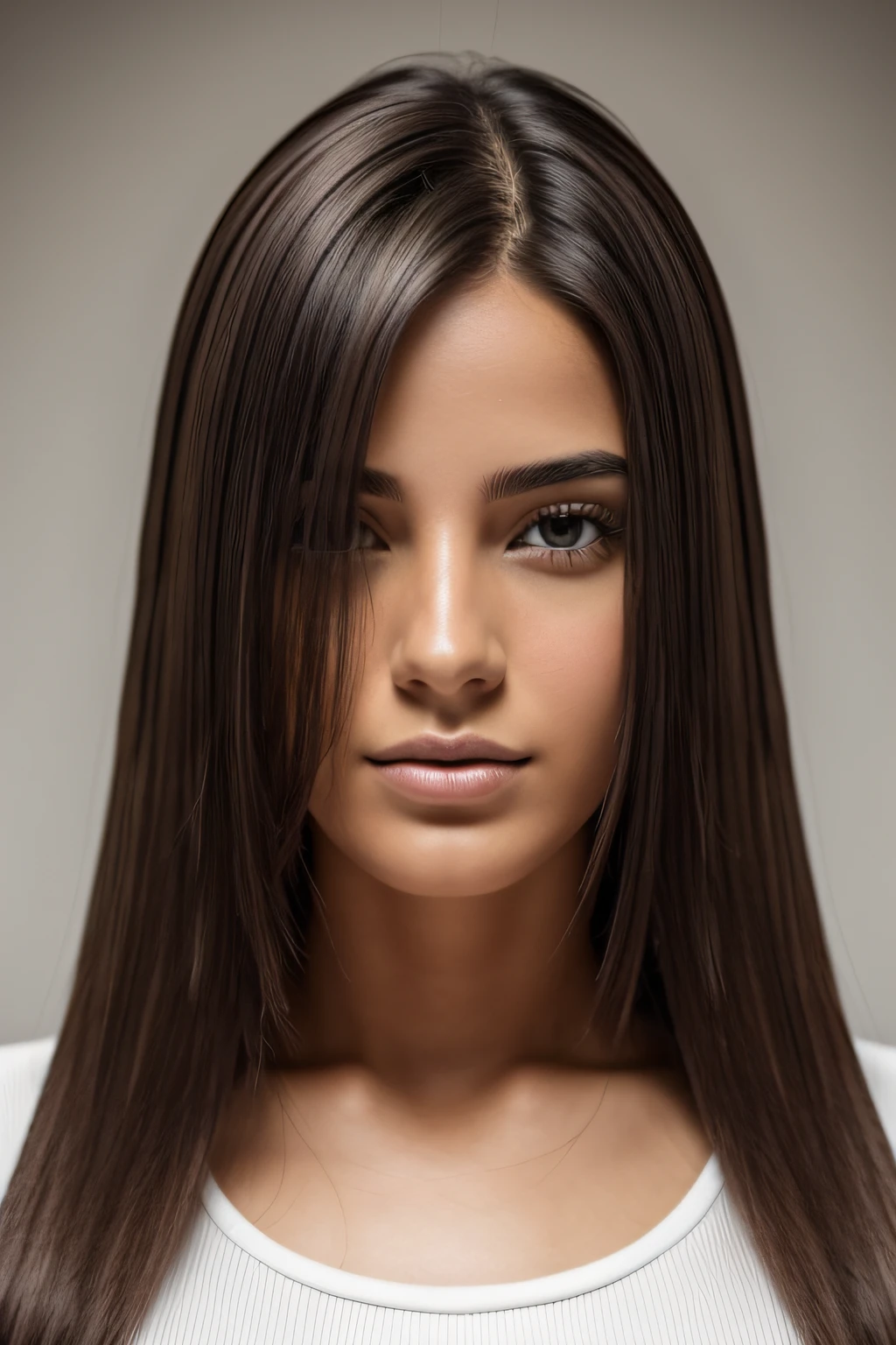 Natural photograph of a beautiful girl, usar un crop top suelto, inclinarse sobre, Cabello largo y suelto, Busto grande, Lock your eyes on camera, eyes symmetrical, face symmetrical, fotorrealista, Cinematographer, Seguimiento de rutas, specular lighting, Volumetric light for the face, Camino trazado del cabello, Sombras visibles, intrincado, elaborar