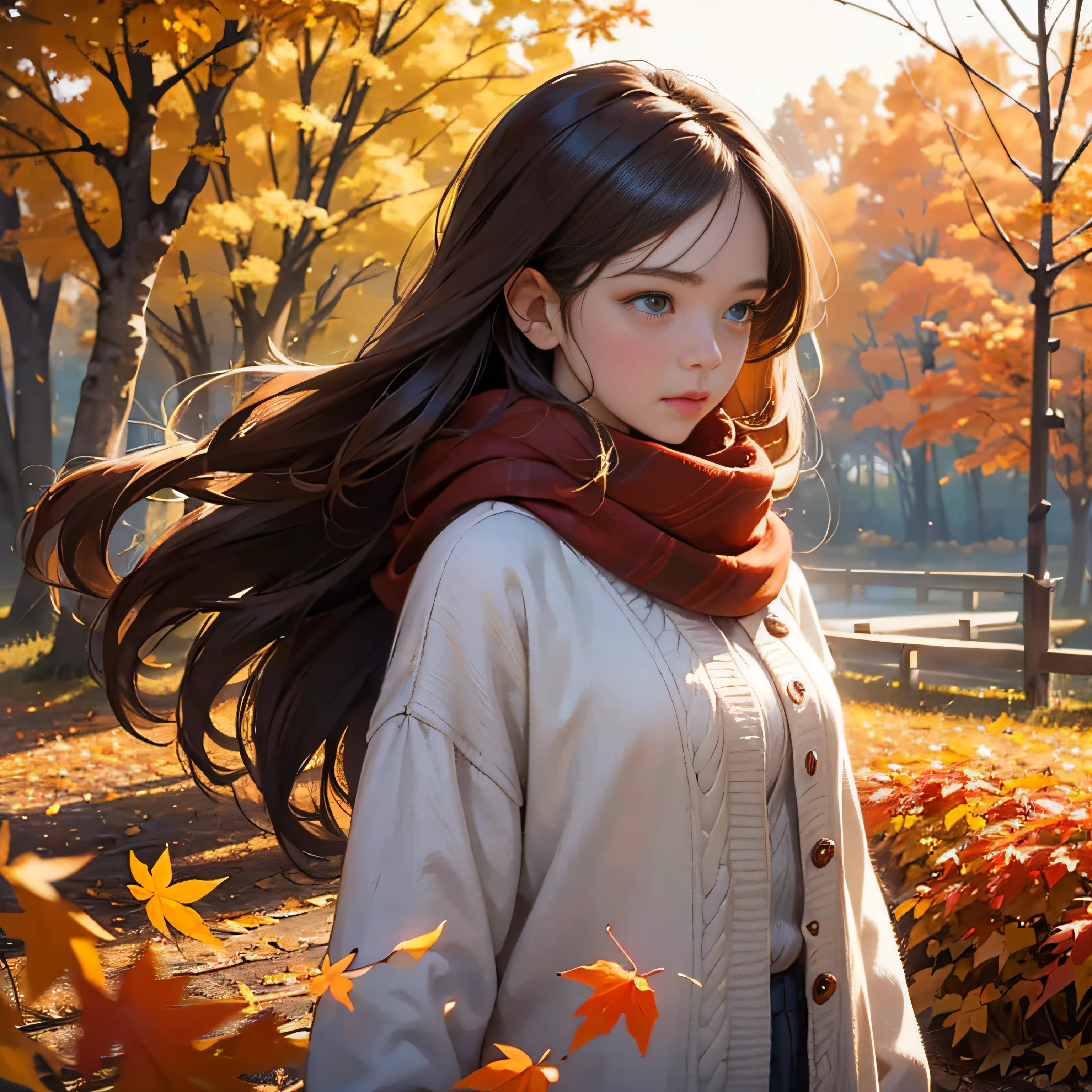 (masutepiece), Best Quality, Ultra-detailed, Illustration, Warm lighting, Soft lighting, Bright colors, 1 girl, Solo,( Beautiful Girl, Long hair, Blue eyes, bow ribbon, Brown hair, hair between eye, Hair Ribbon, side locks, Very long hair, hair messy,) , Autumn, Many maple trees, maple leaves, golden leaves, Colored leaves, Dry leaves, River,  Refreshing air,  Peace, Cool breeze , Sweater Weather,( Wear a white or brown sweater, red scarf, Moody autumn, Wistful, a gloomy, sad ,worried, longing,) --auto