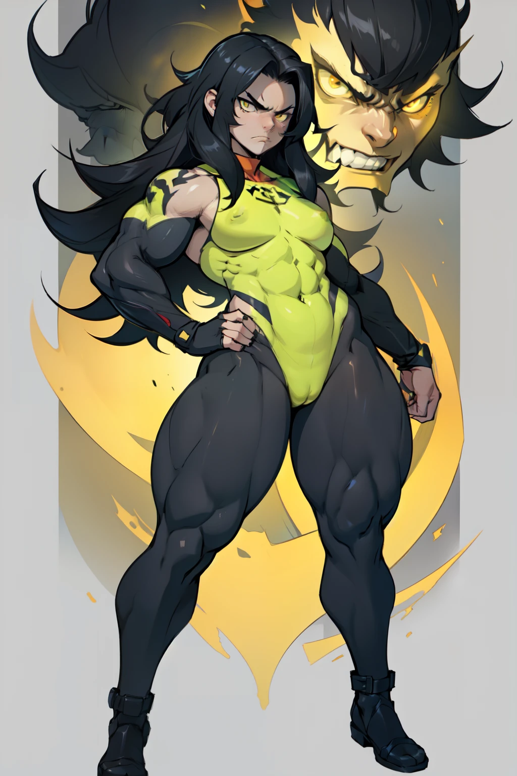 (((muscular))), (thick thighs, small , toned body, 1 girl), black hair, pale skin, yellow eyes, angry, mound, very long hair, hero pose, ((full body))